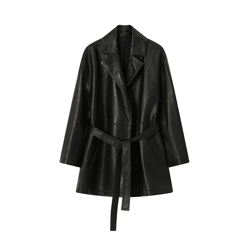 Mid-Length Bubble-Texture Belted Leather Coat - Image 7