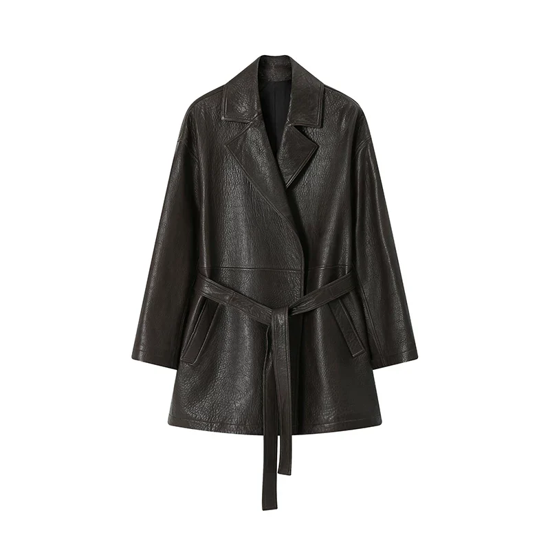 Mid-Length Bubble-Texture Belted Leather Coat - Image 8