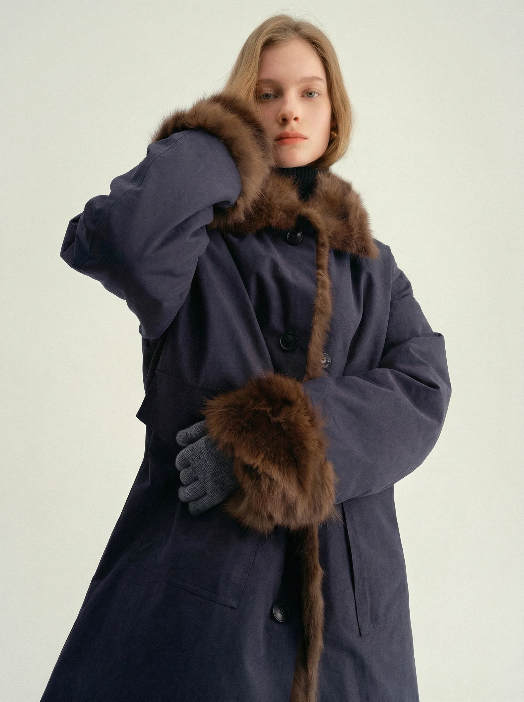 Mid-Length Down Coat with Sable Collar - Image 5
