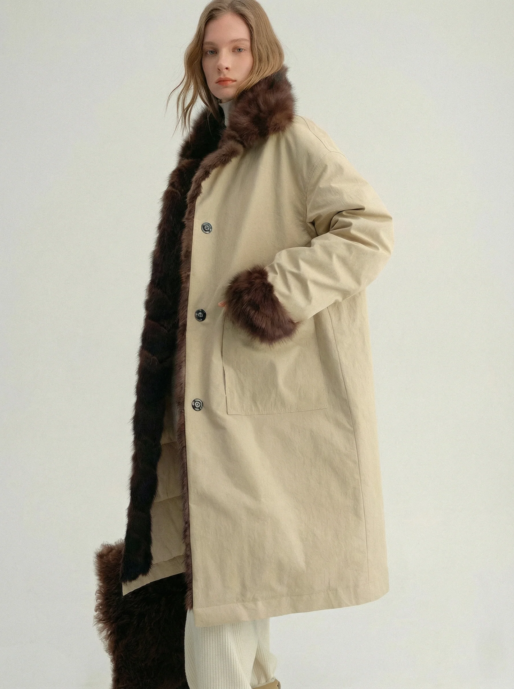 Mid-Length Down Coat with Sable Collar - Image 7