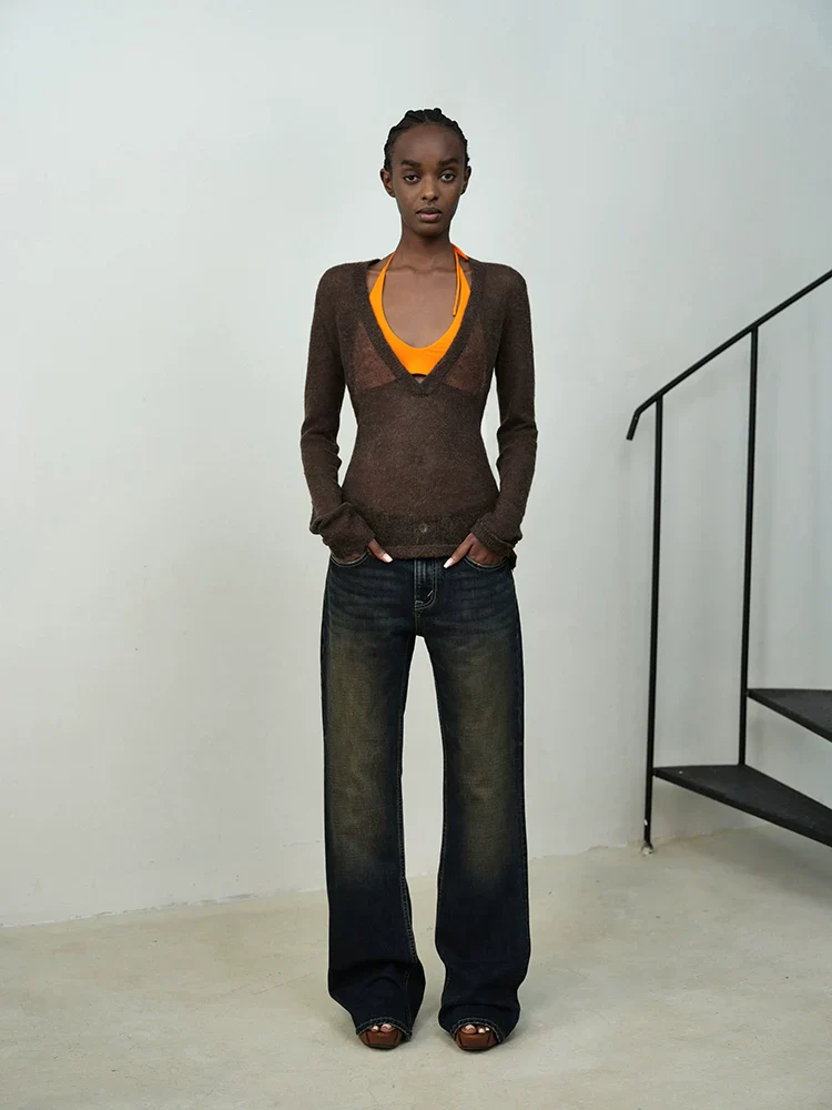 Mid-Rise Flared Denim Trousers
