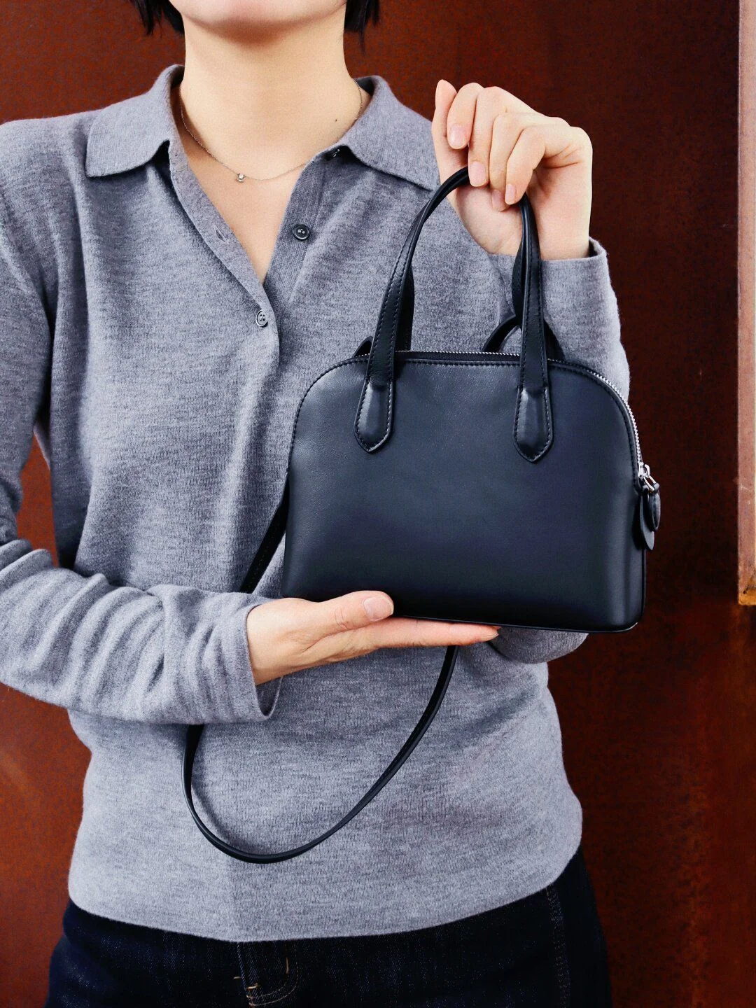 Mini Dome Top Grain Leather Handbag