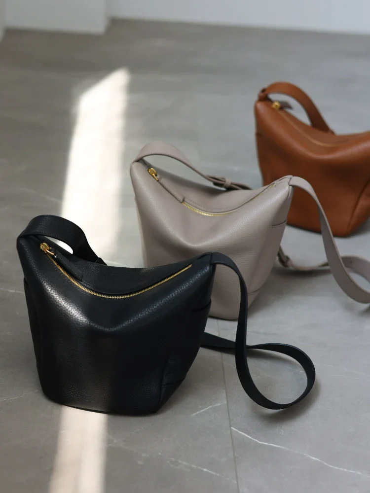 Minimalist Pebbled Leather Bucket Bag - Image 12