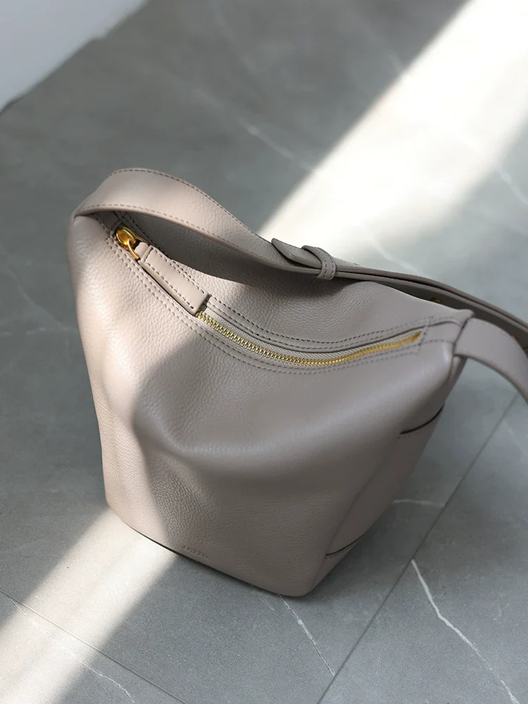 Minimalist Pebbled Leather Bucket Bag - Image 13