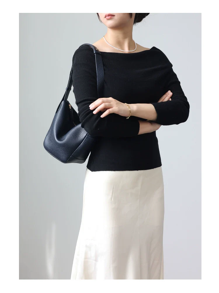 Minimalist Pebbled Leather Bucket Bag - Image 8
