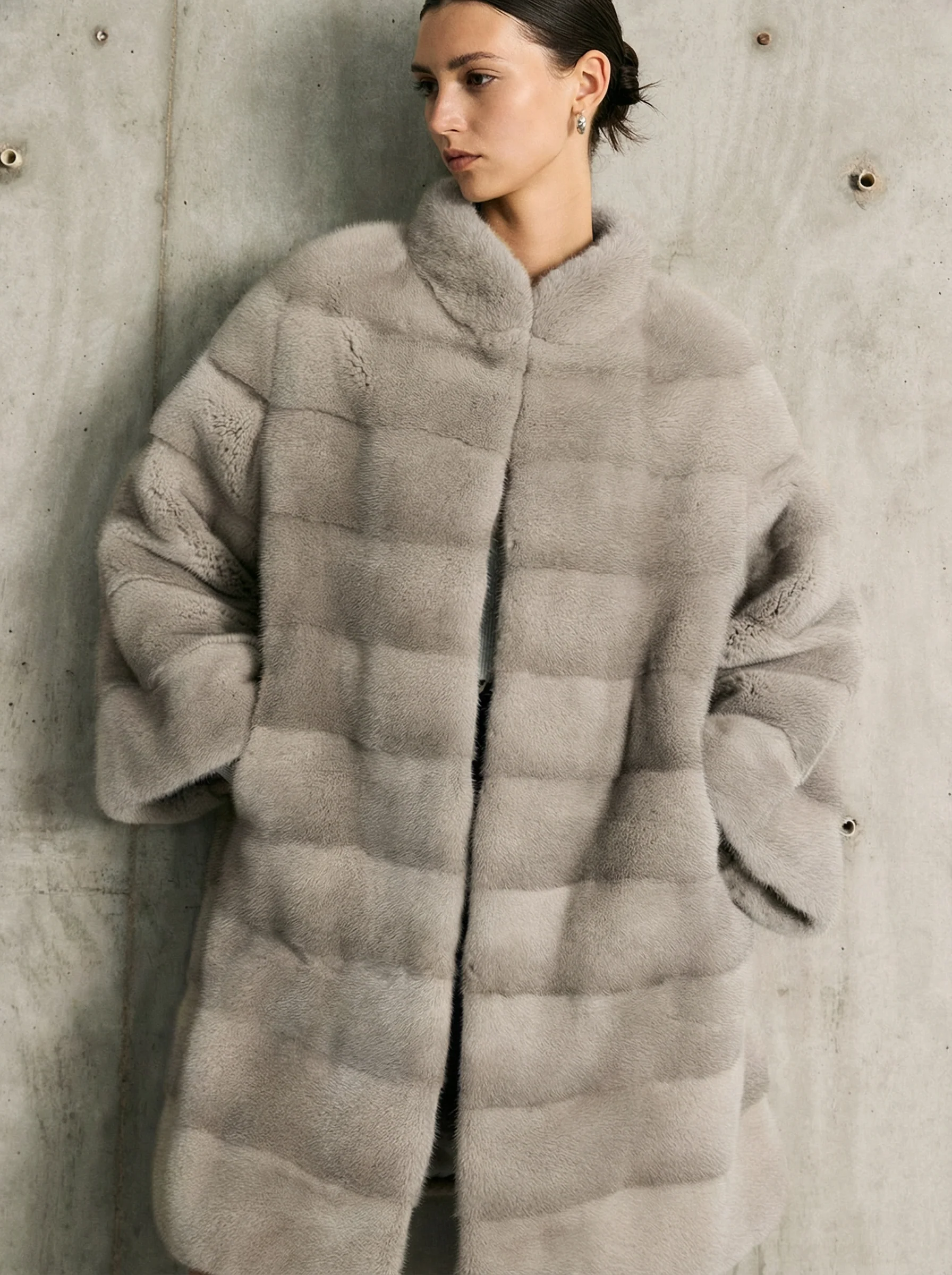 Mink Panel Stand-Collar Long Coat