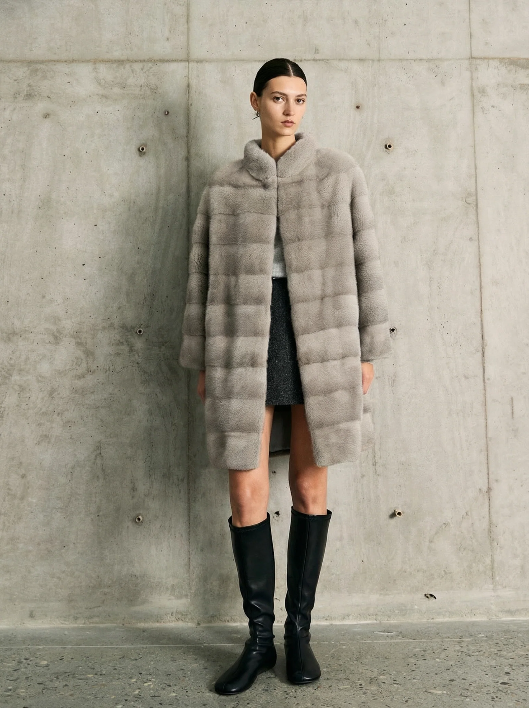 Mink Panel Stand-Collar Long Coat - Image 2