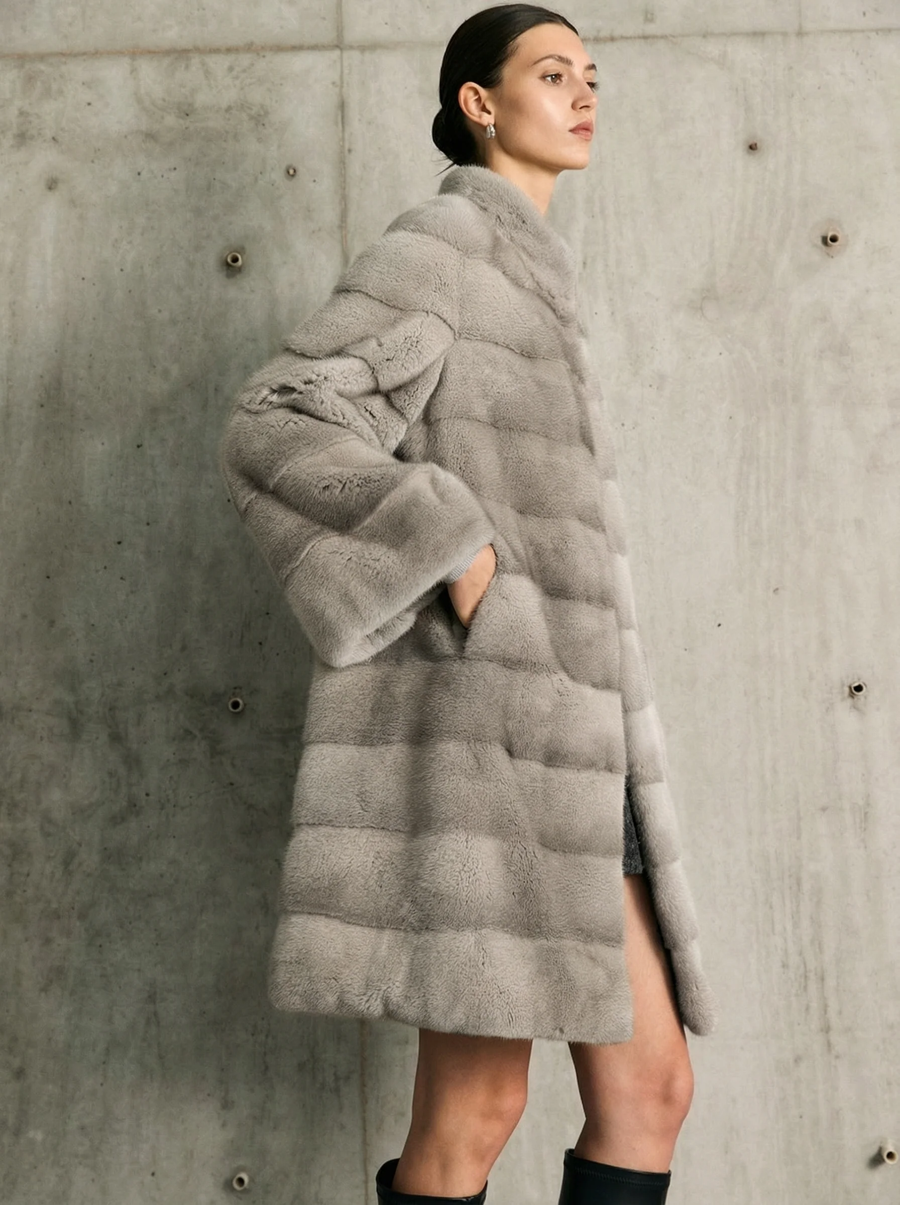 Mink Panel Stand-Collar Long Coat - Image 3