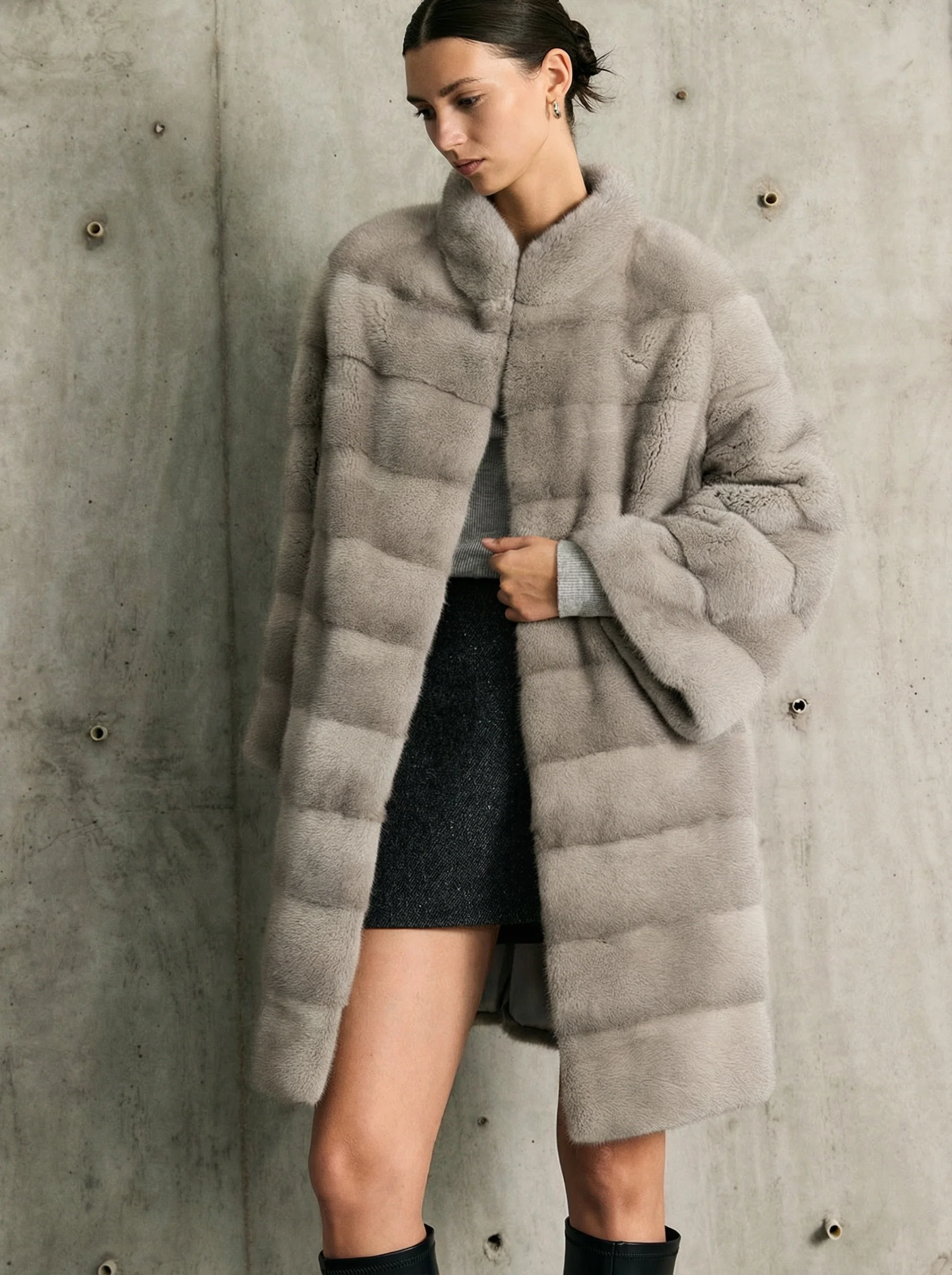 Mink Panel Stand-Collar Long Coat - Image 4