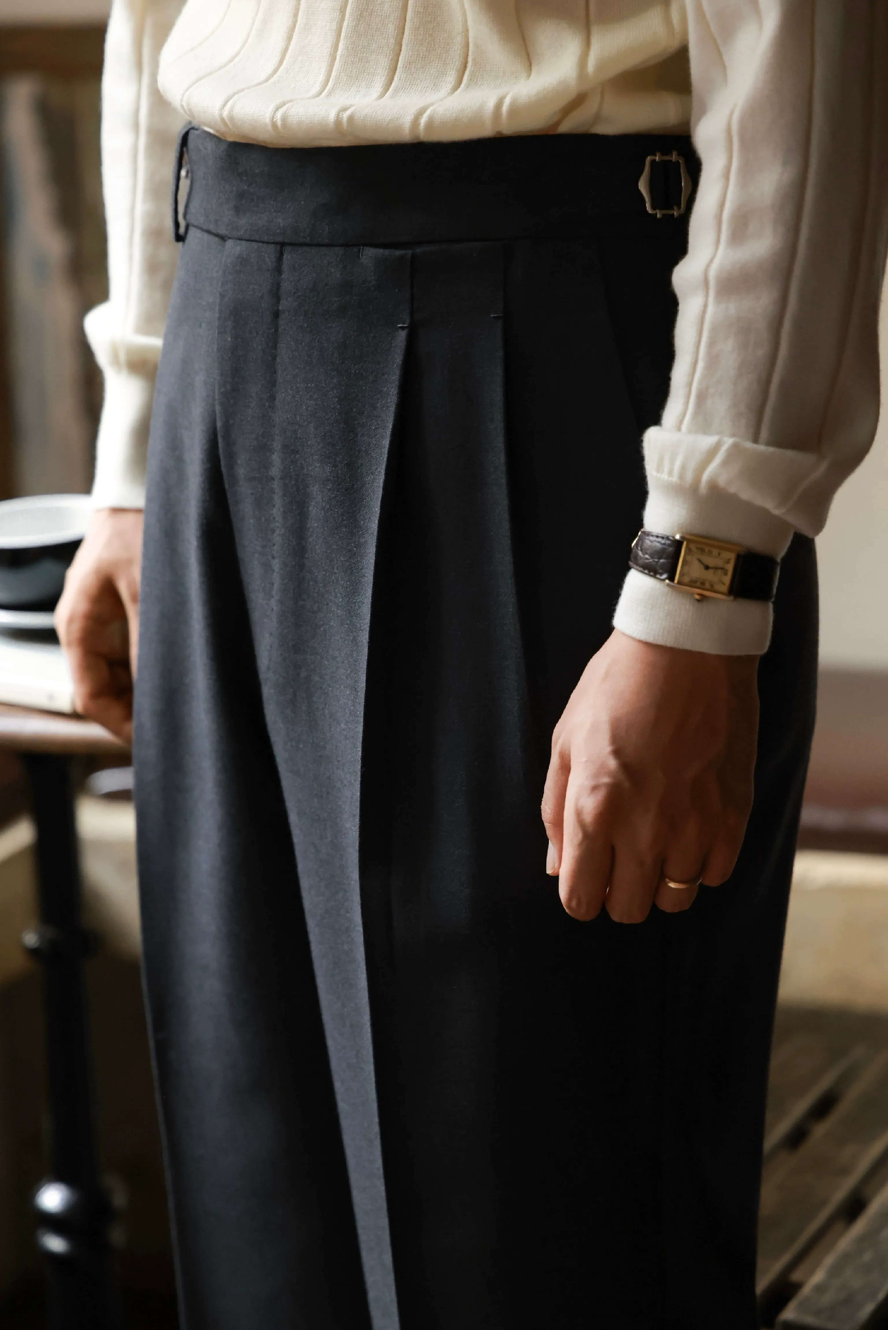 Misty Grey Flannel High-Waisted Trousers