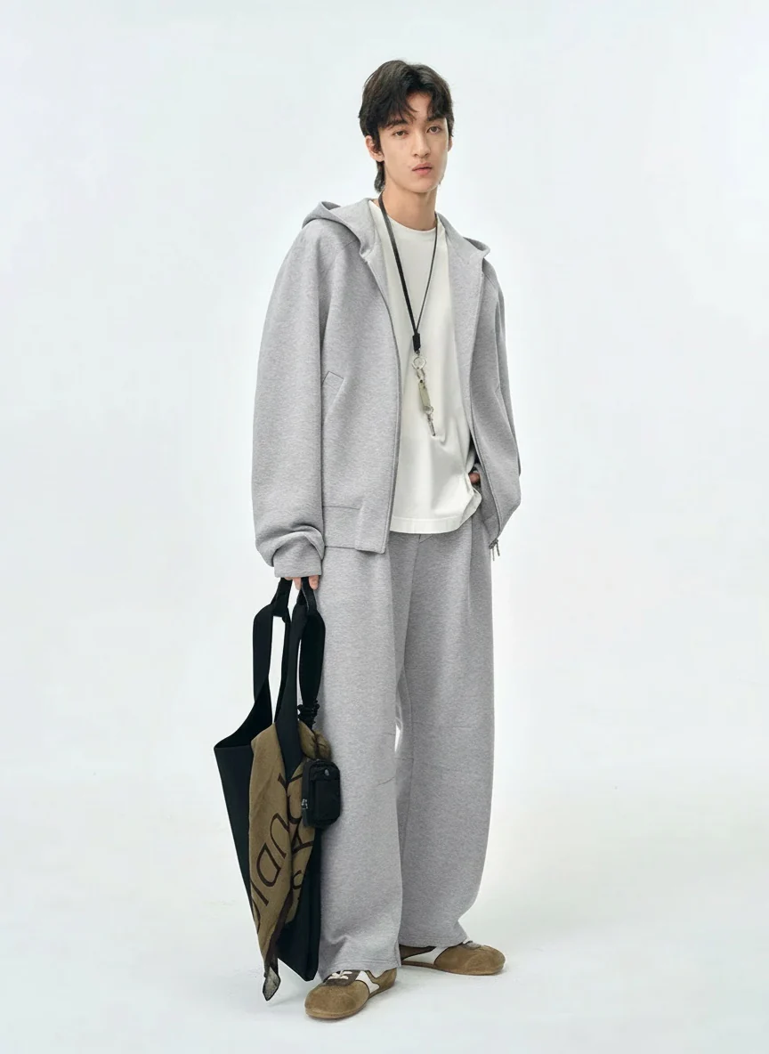 Misty Grey Zip Hoodie & Curved Sweatpants Set
