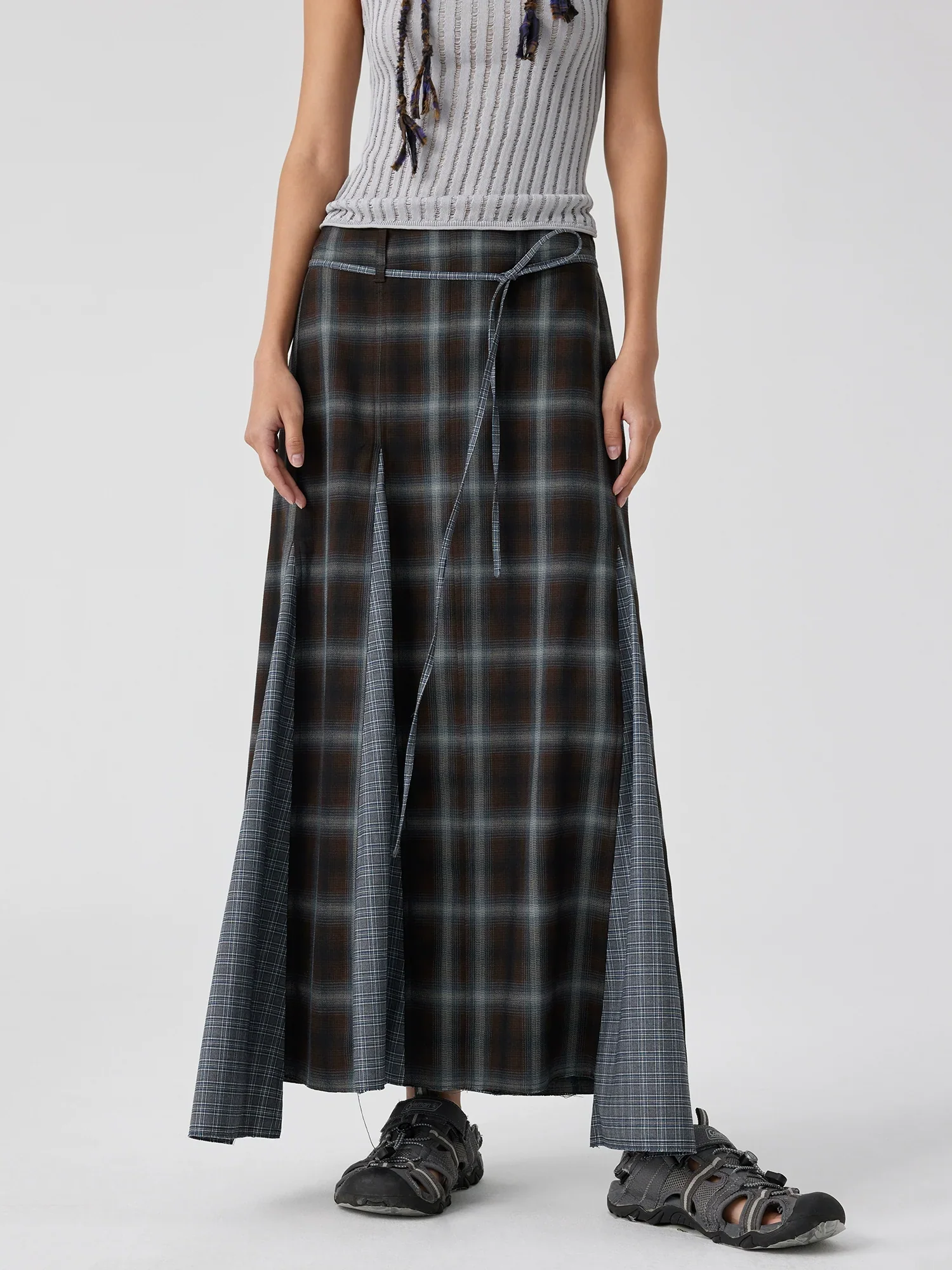 Mixed Plaid Fishtail Maxi Skirt