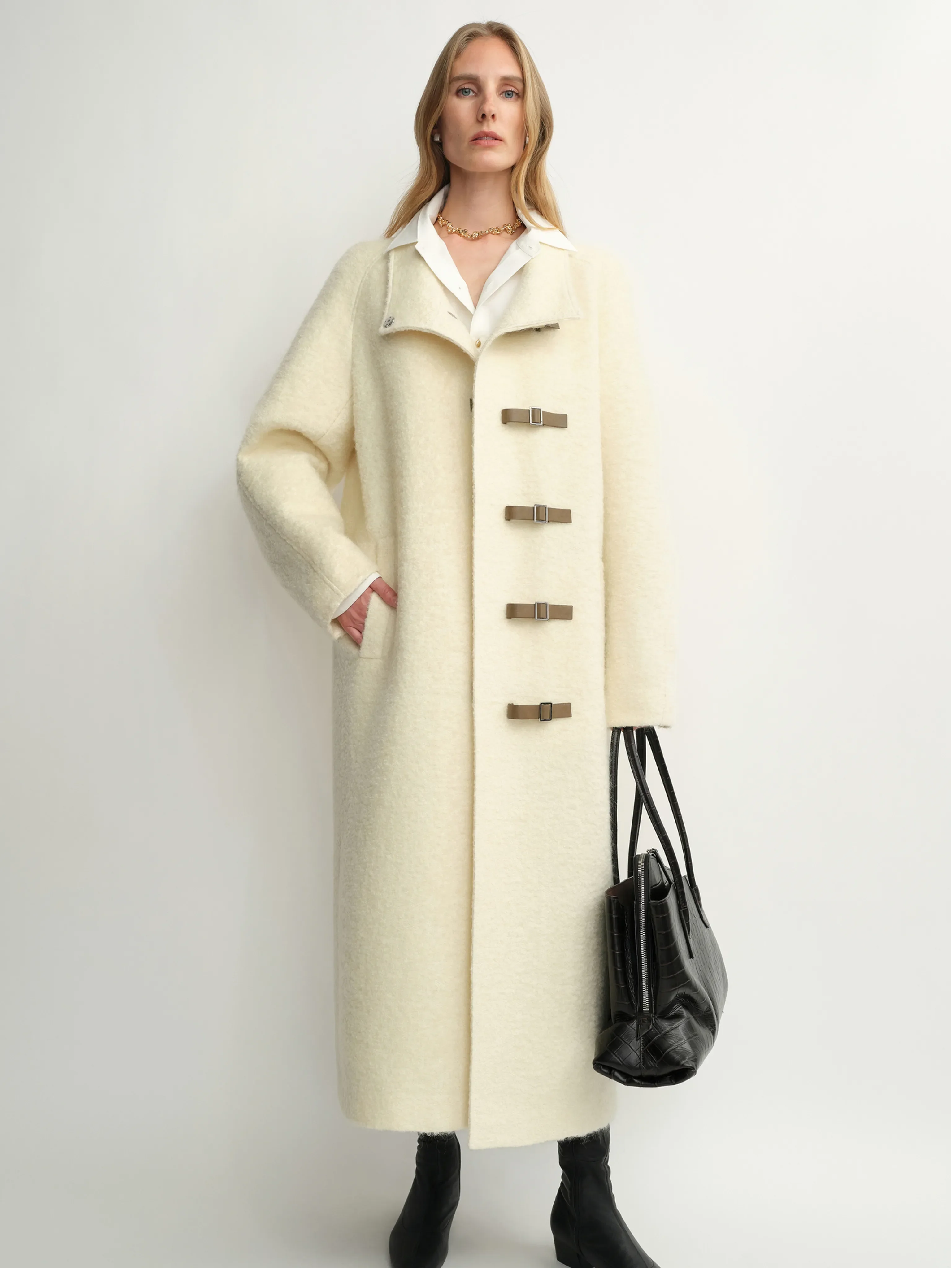 Mohair Wool Stand-Collar Buckle Coat