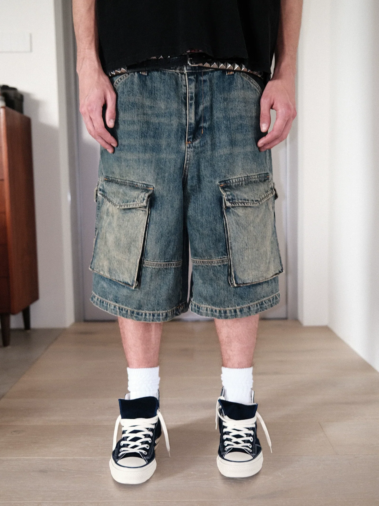 Mud-Dyed Loose Denim Cargo Shorts