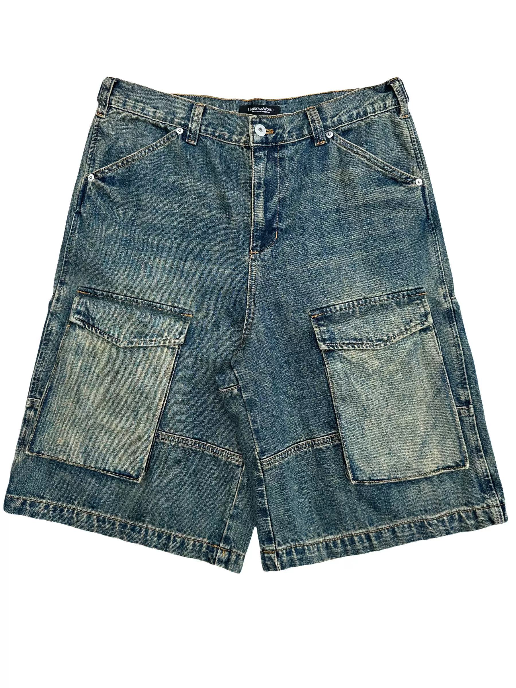Mud-Dyed Loose Denim Cargo Shorts - Image 5