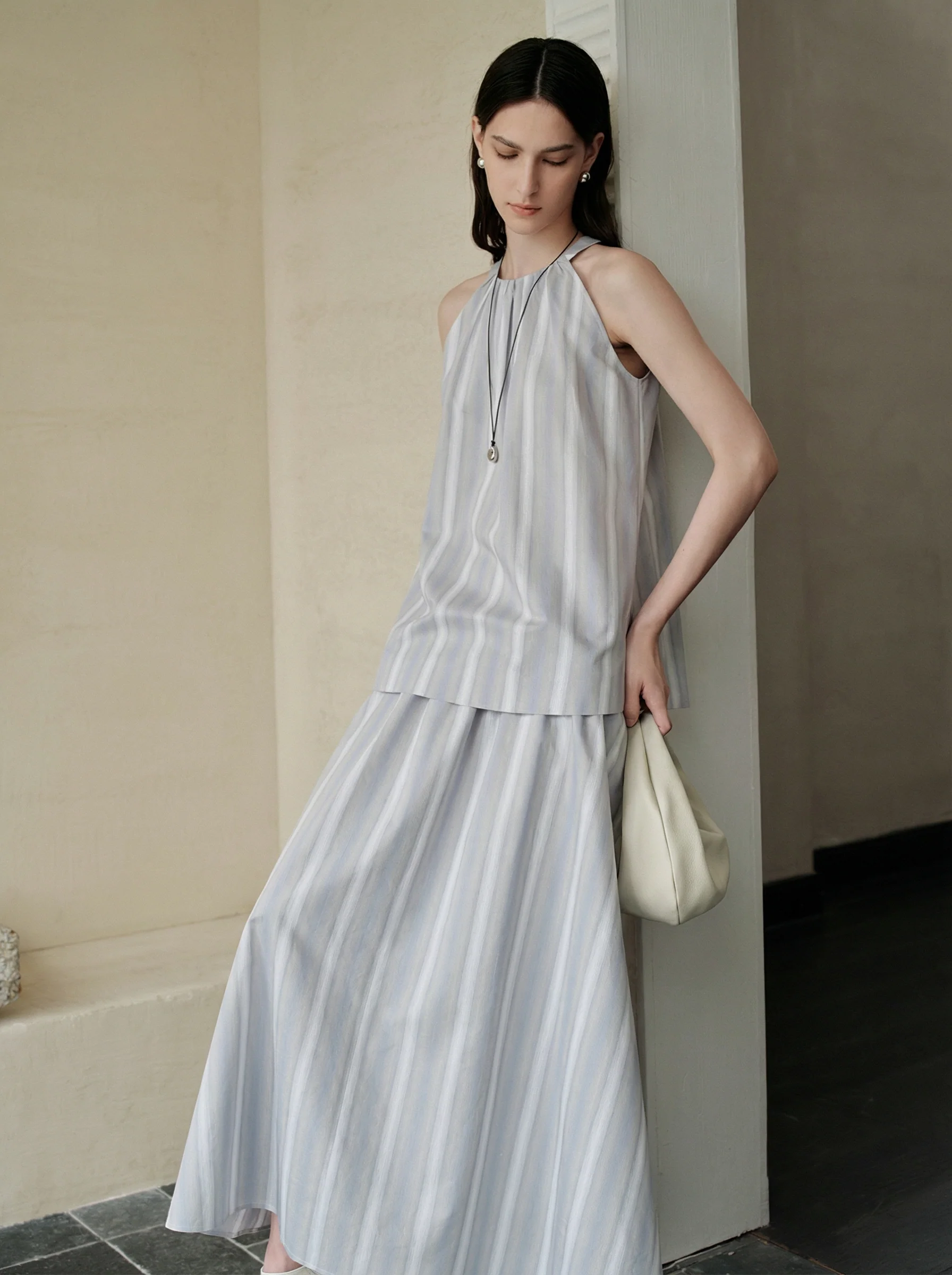 Mulberry Silk-Cotton Gradient Stripe Halter Set