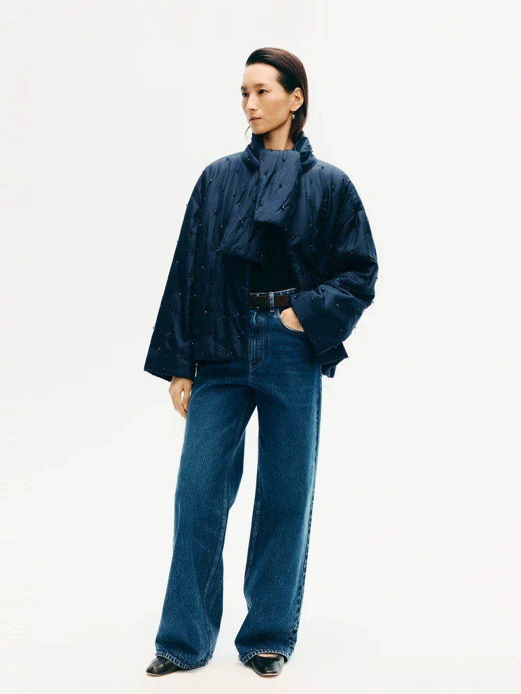 Mulberry Silk Puffer Jacket with Beaded Scarf