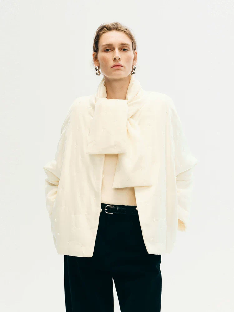 Mulberry Silk Puffer Jacket with Beaded Scarf - Image 2
