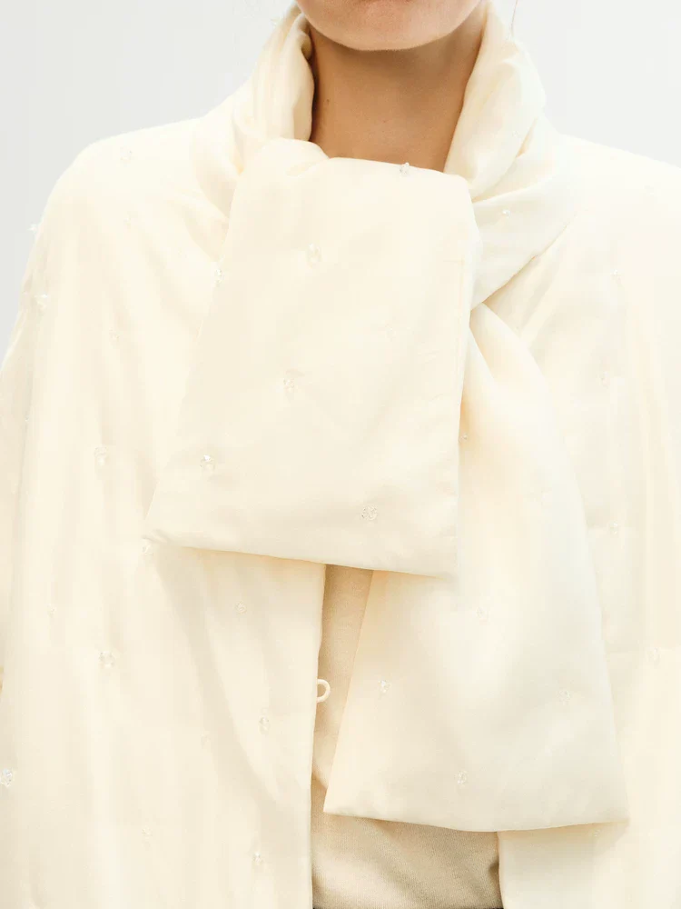 Mulberry Silk Puffer Jacket with Beaded Scarf - Image 3