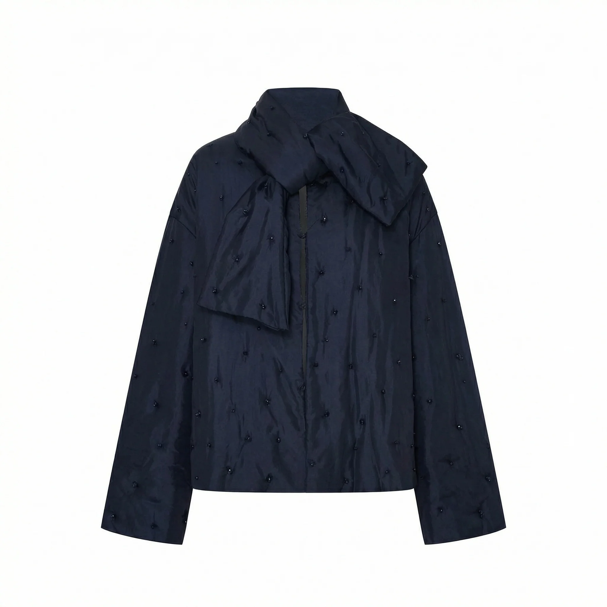 Mulberry Silk Puffer Jacket with Beaded Scarf - Image 4