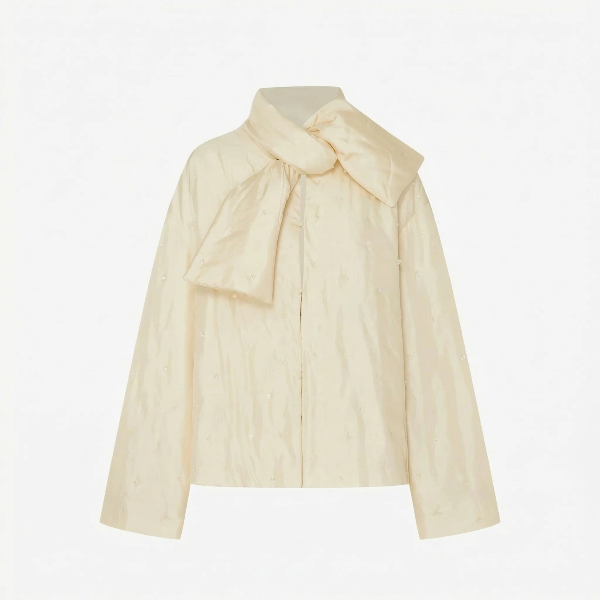 Mulberry Silk Puffer Jacket with Beaded Scarf - Image 5