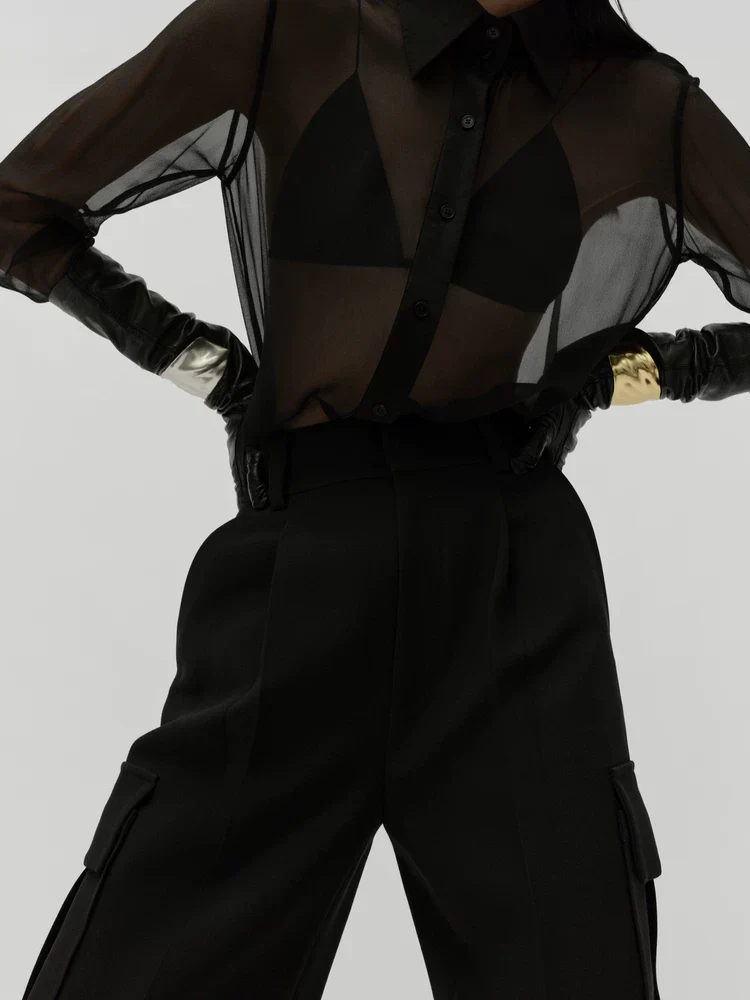 Mulberry Silk Sheer Button-Up Blouse - Image 3
