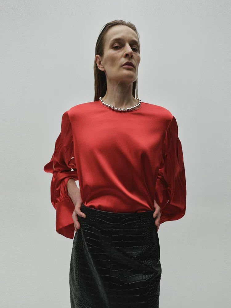 Mulberry Silk Slit-Sleeve Blouse - Image 2