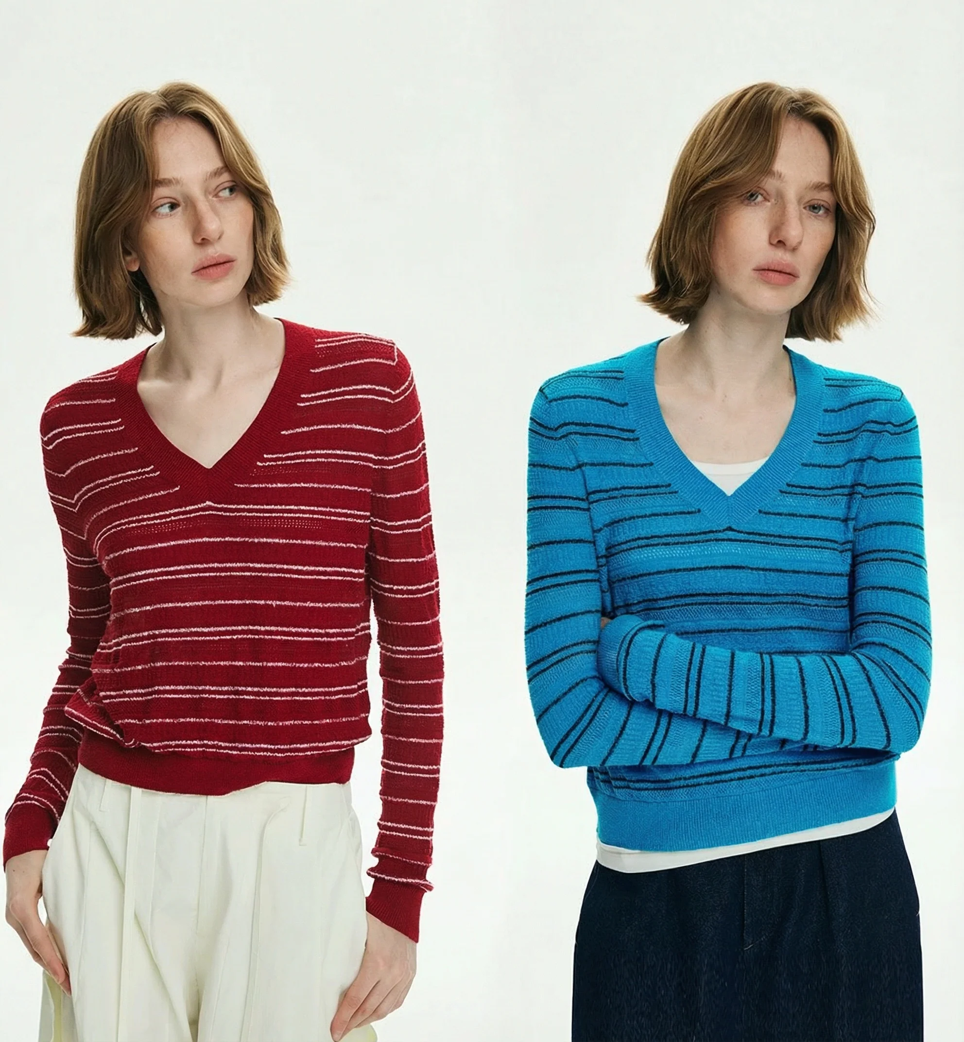 Mulberry Silk Striped V-Neck Sweater