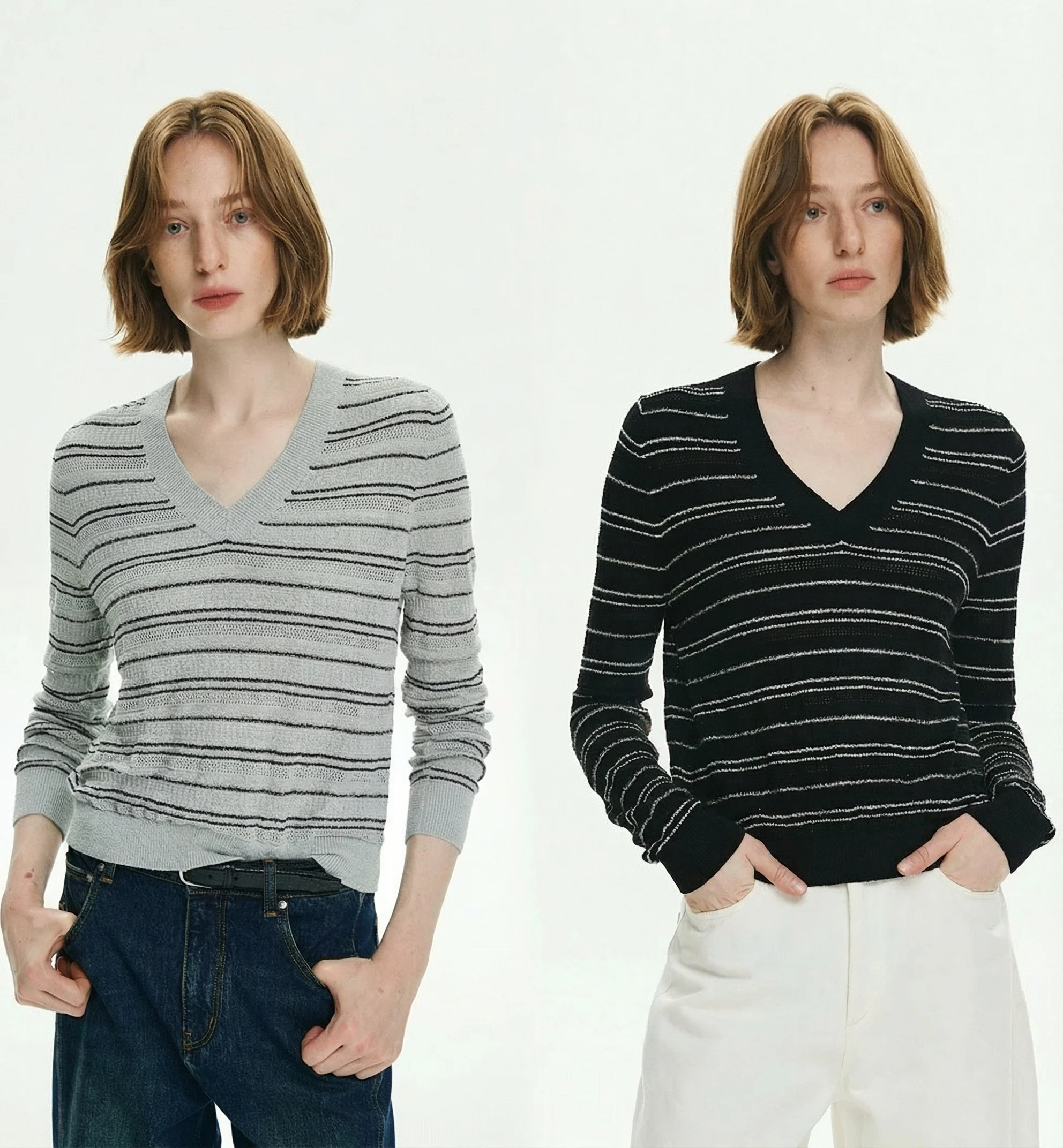 Mulberry Silk Striped V-Neck Sweater - Image 2