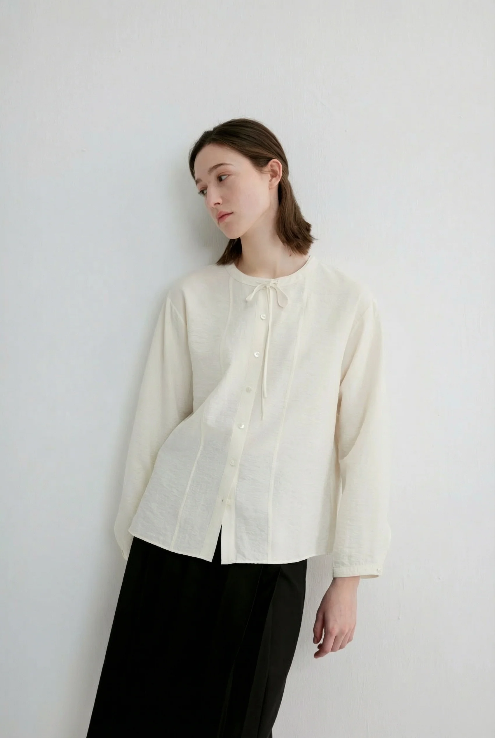 Mulberry Silk Tie-Neck Pintuck Blouse