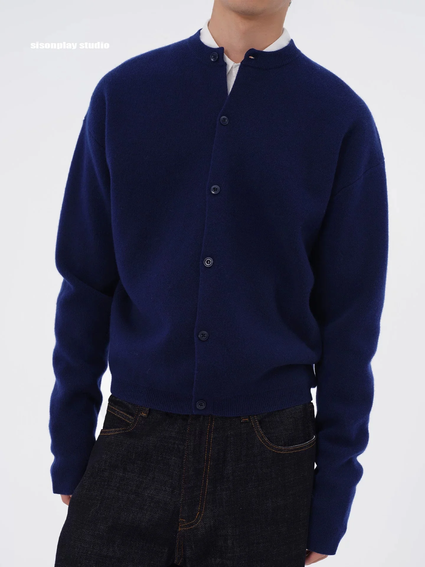 Navy Collarless Wool Cardigan - Image 3