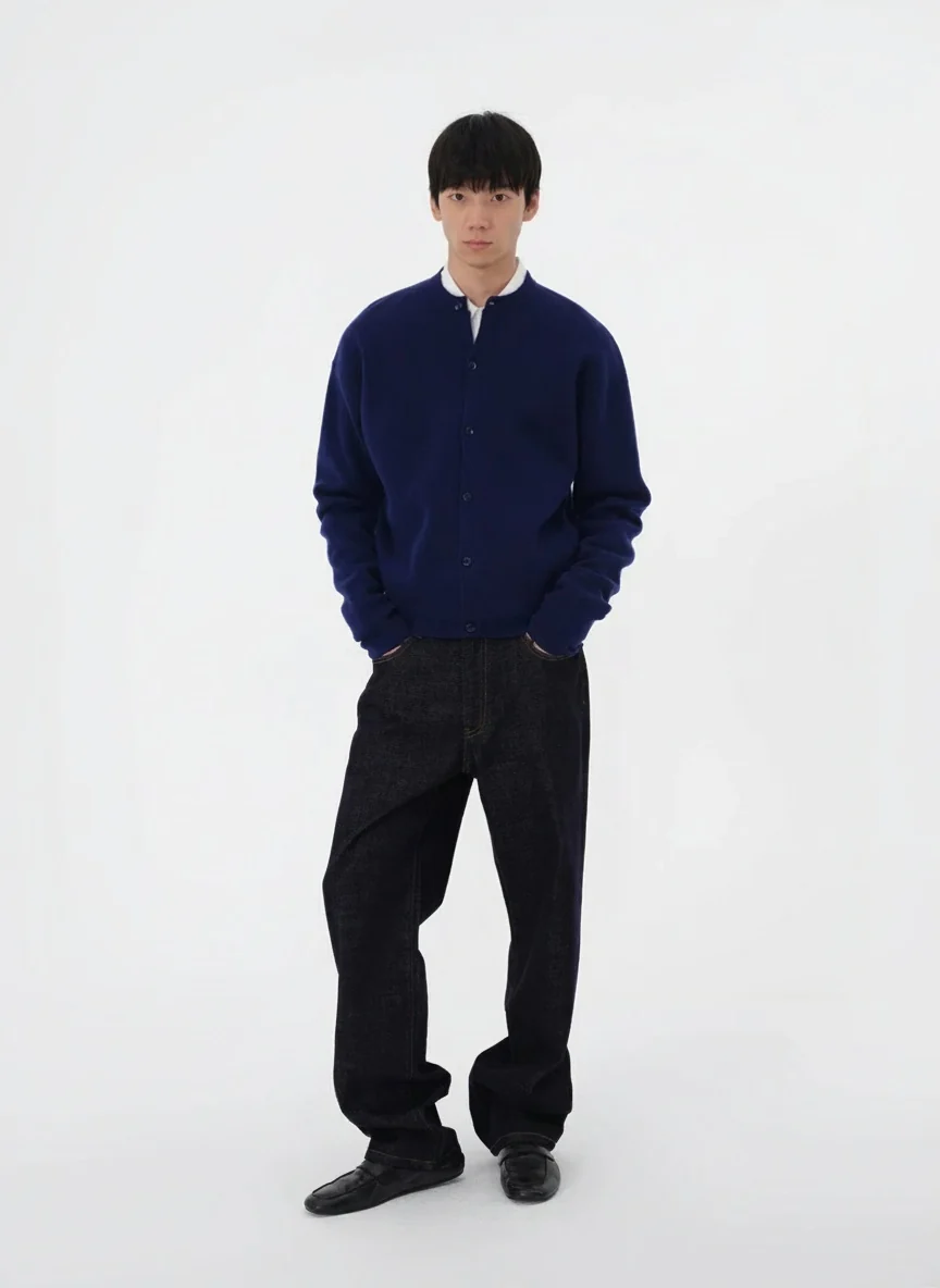Navy Collarless Wool Cardigan - Image 6