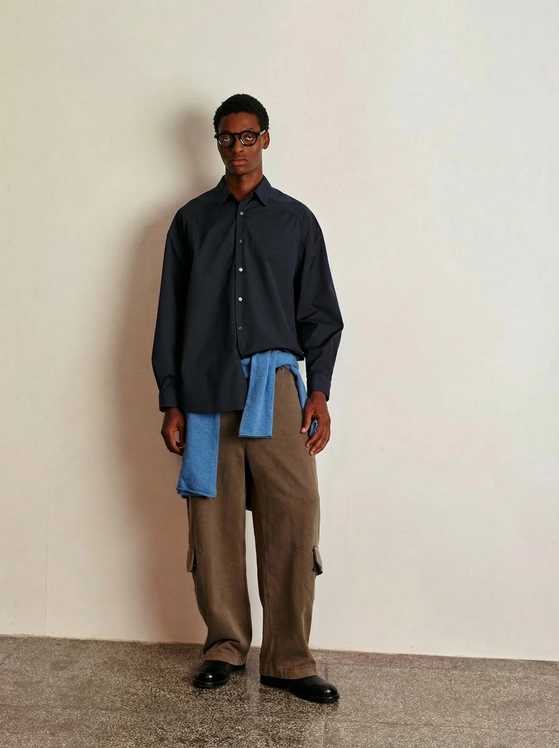 Navy Cross-Yoke Long Sleeve Shirt