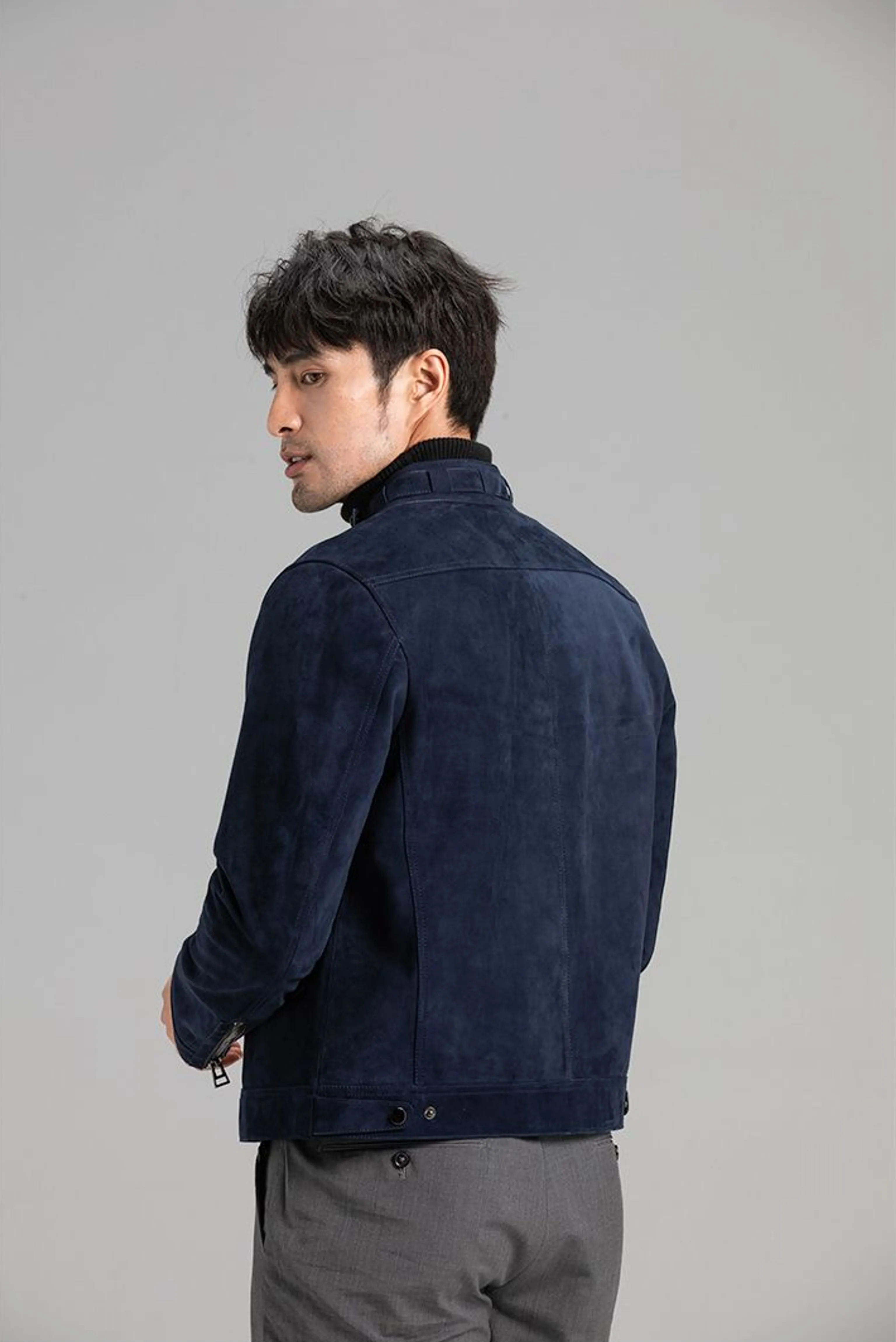 Navy Goatskin Suede Moto Jacket - Image 5