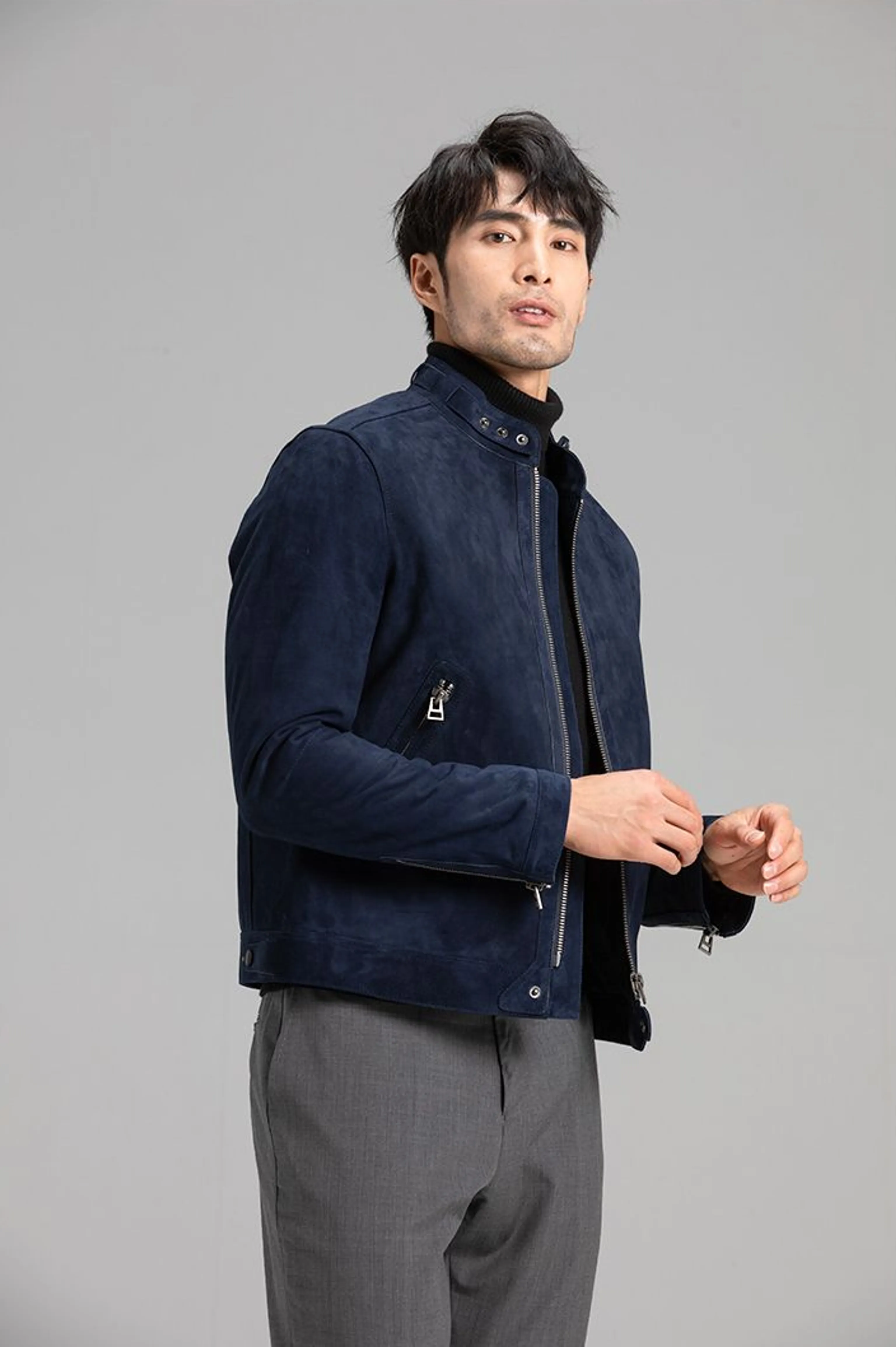 Navy Goatskin Suede Moto Jacket - Image 6