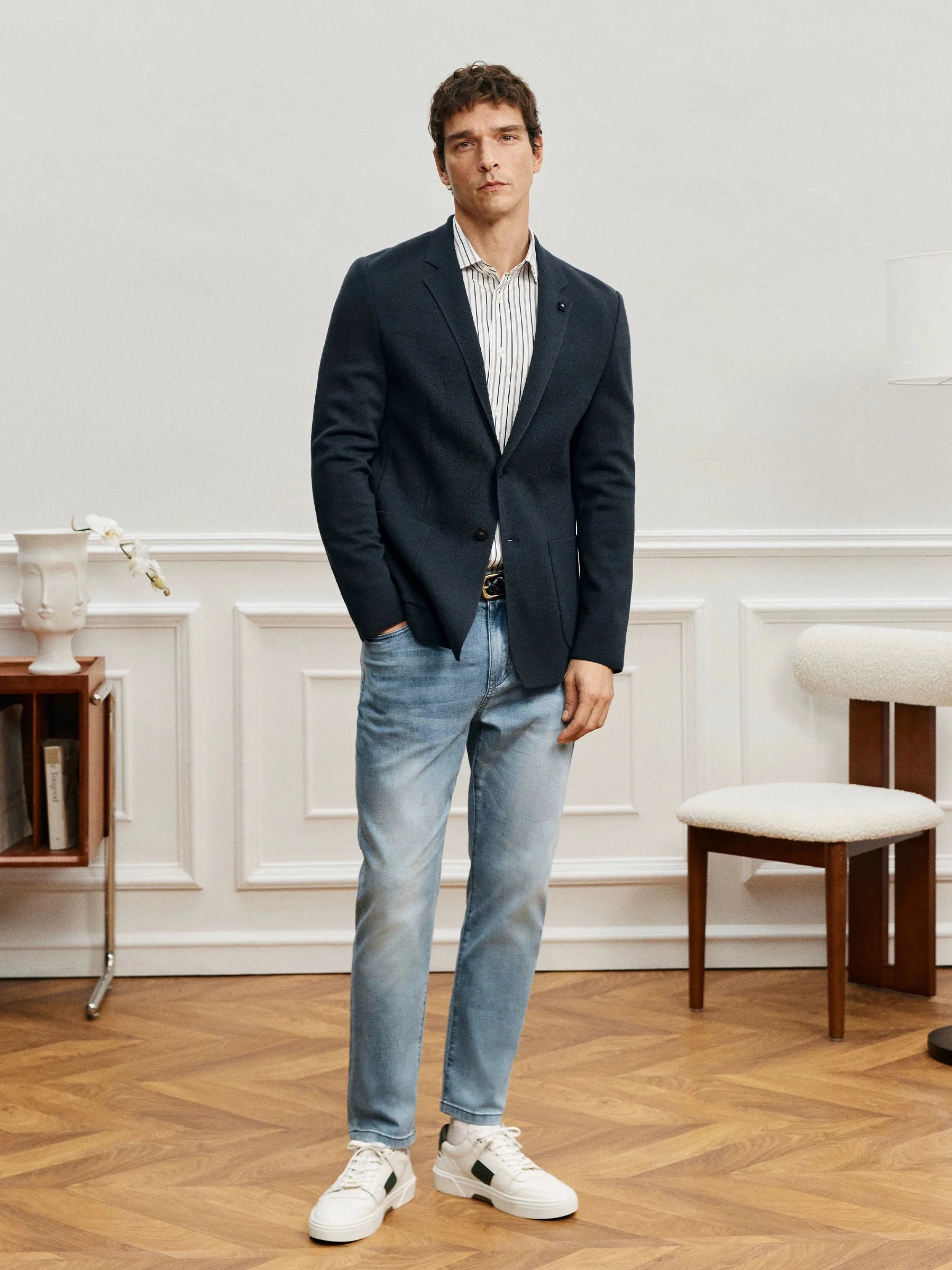 Navy Knit Wool Slim Blazer