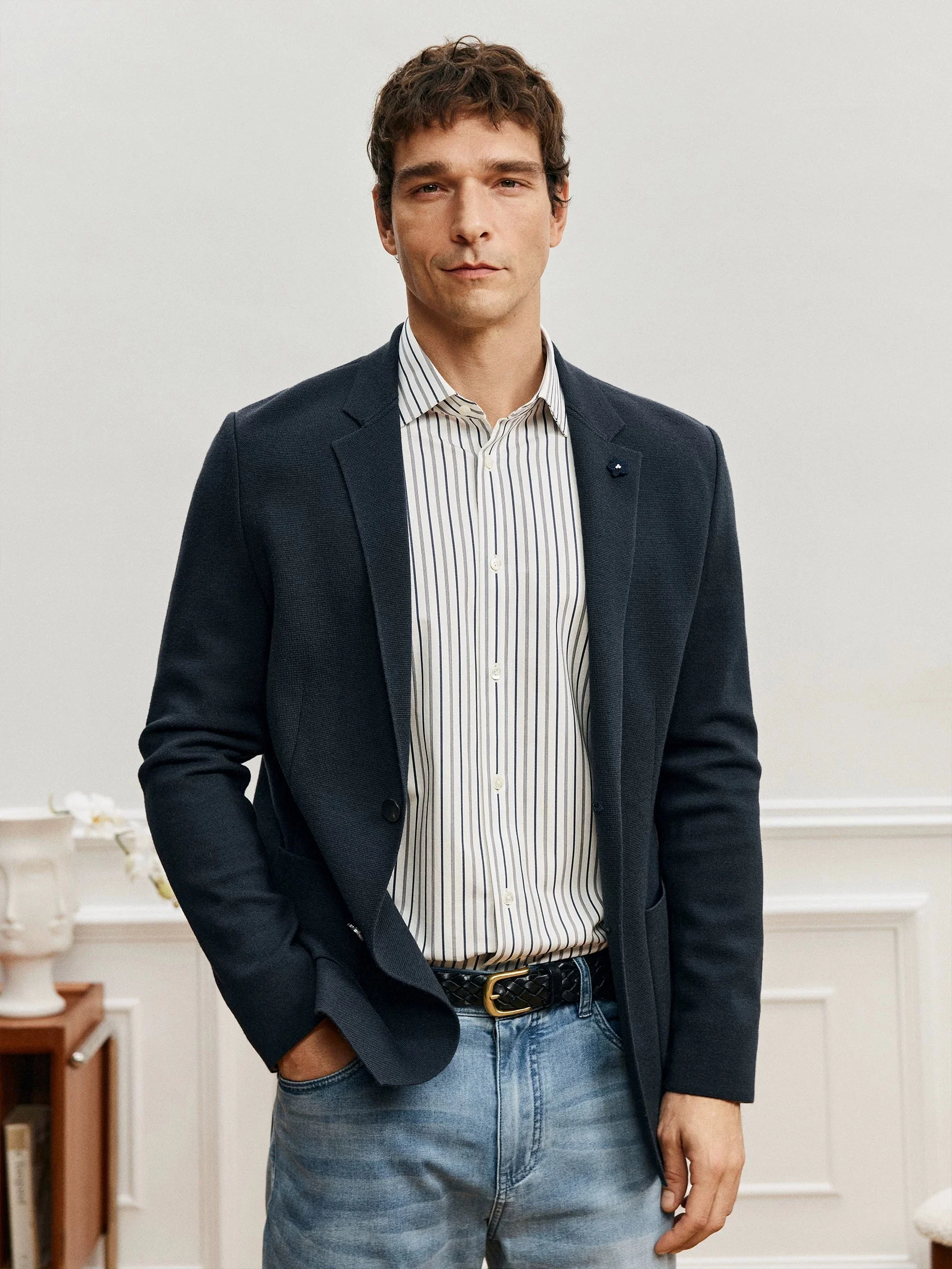 Navy Knit Wool Slim Blazer - Image 2