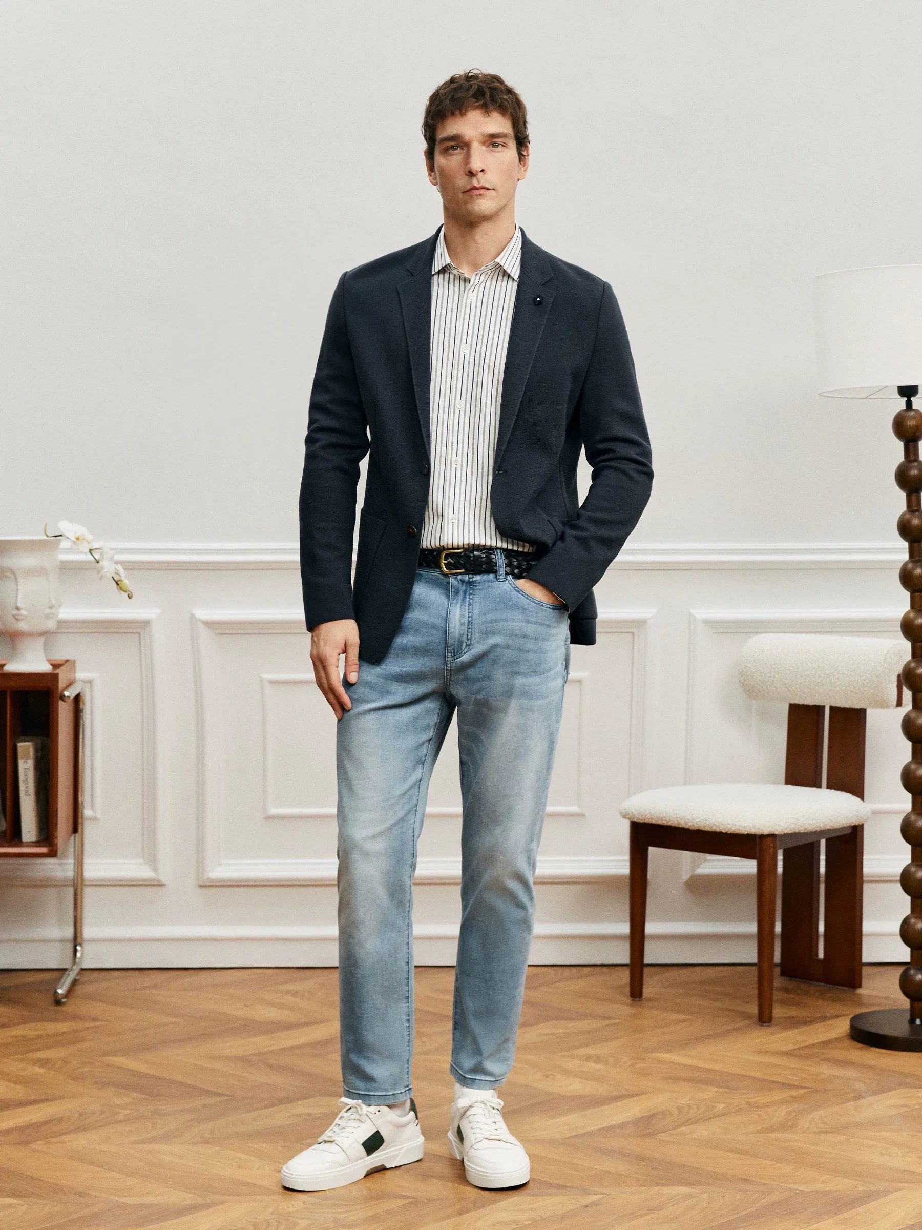 Navy Knit Wool Slim Blazer - Image 3