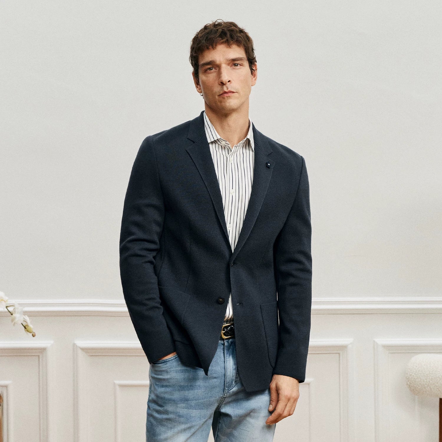 Navy Knit Wool Slim Blazer - Image 4