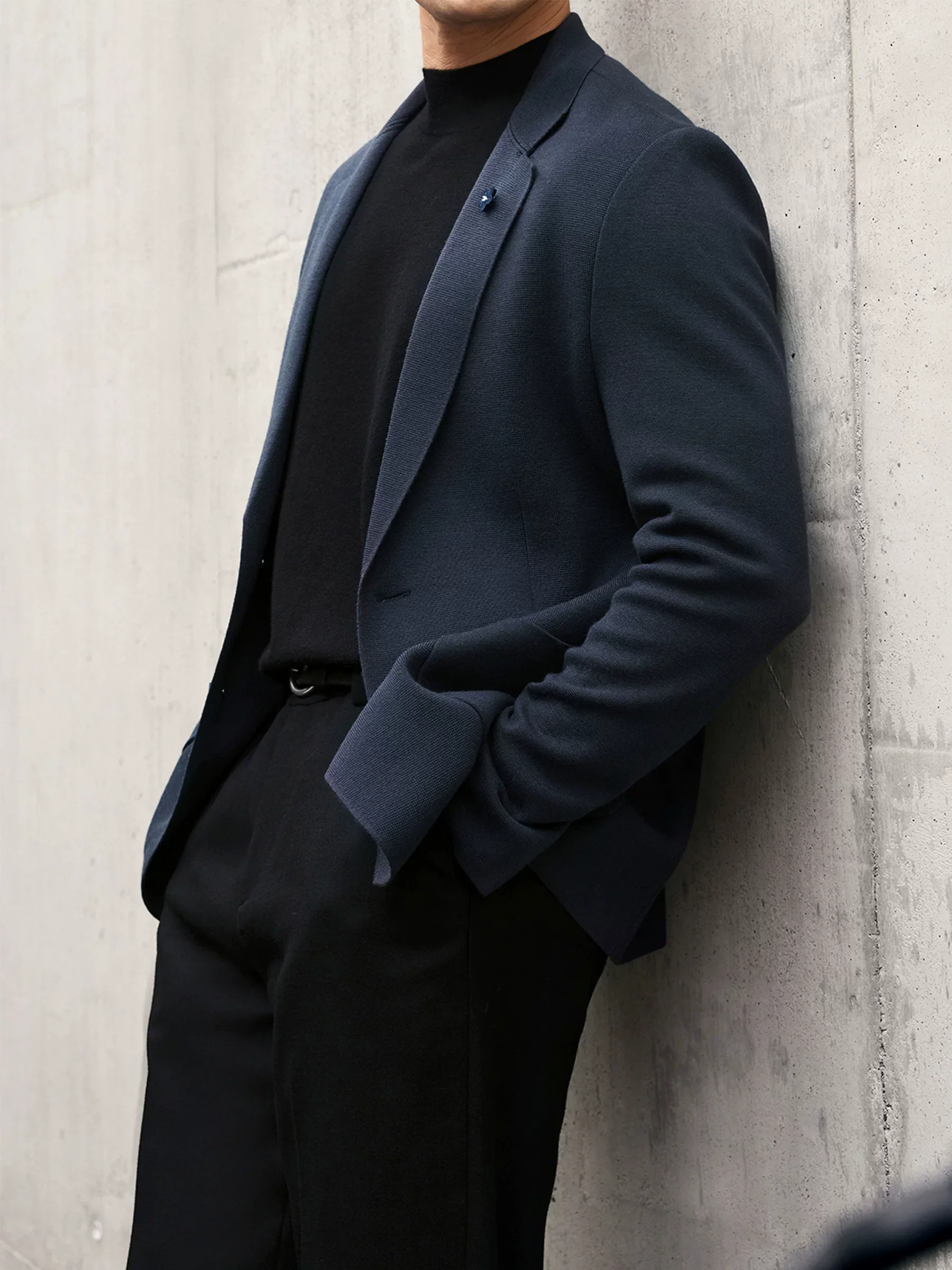 Navy Knit Wool Stretch Blazer - Image 2