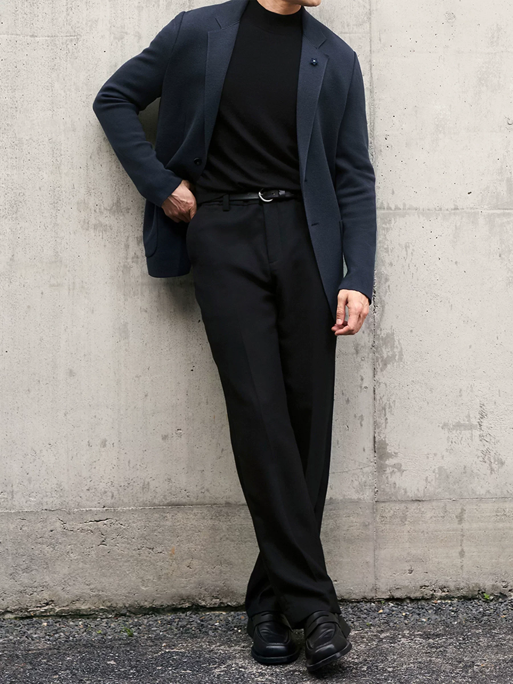Navy Knit Wool Stretch Blazer - Image 3
