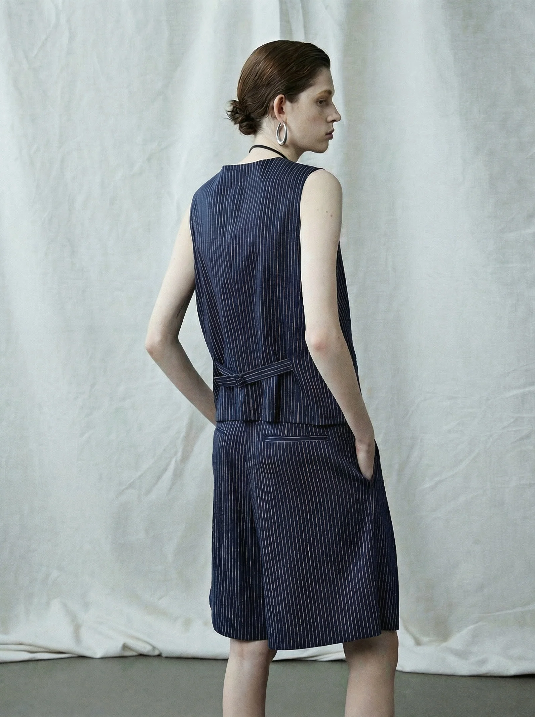 Navy Pinstripe Vest & Bermuda Set - Image 3