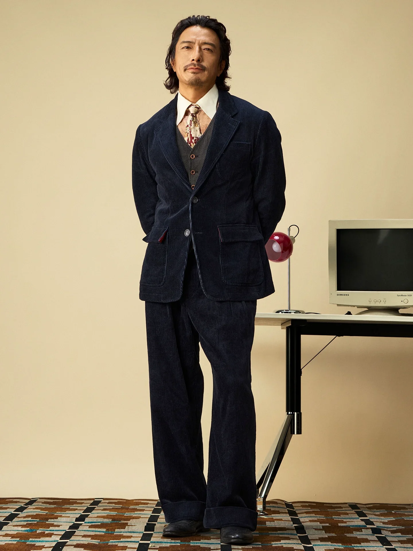 Navy Pleated Wide-Leg Corduroy Trousers