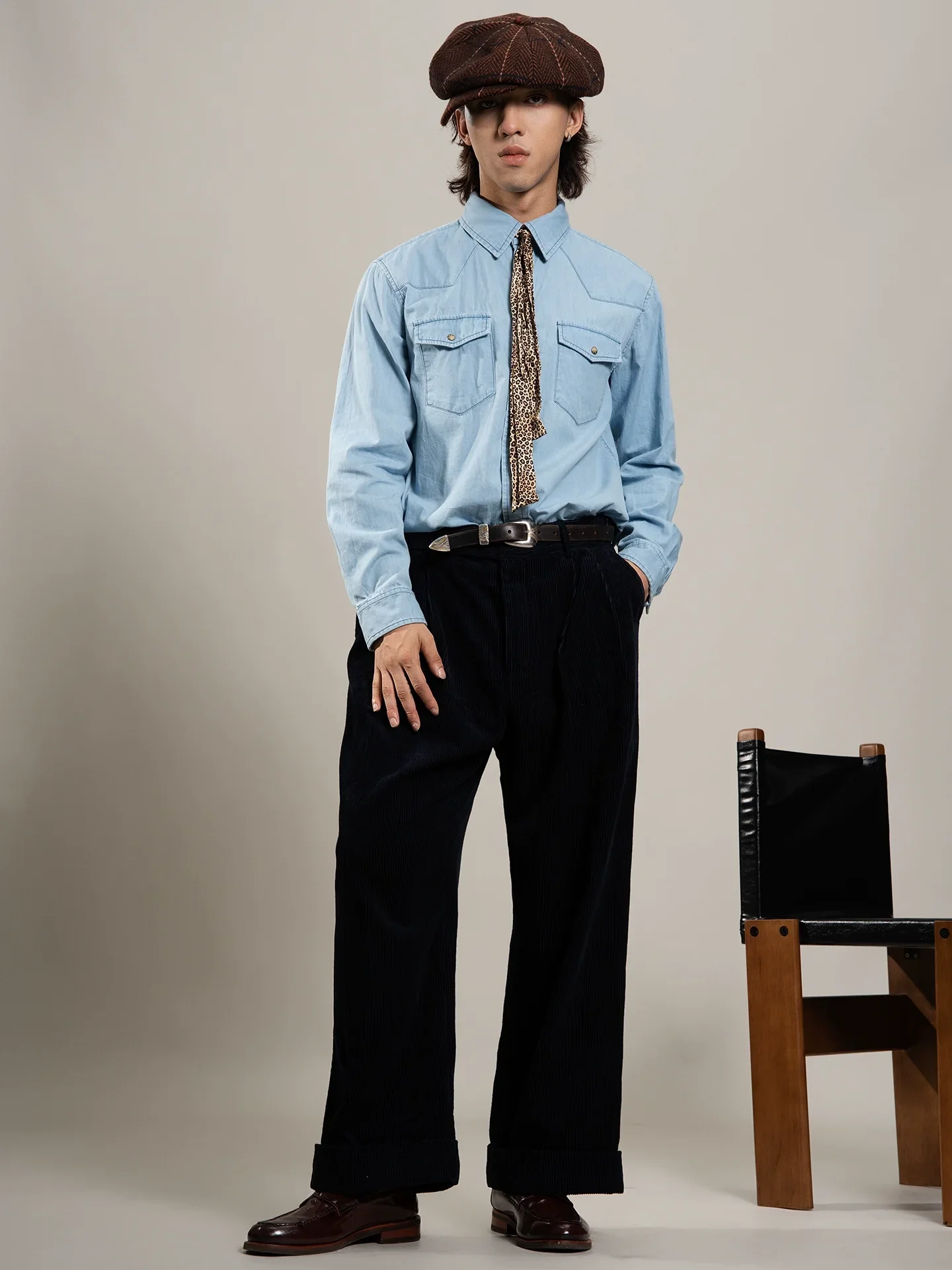 Navy Pleated Wide-Leg Corduroy Trousers - Image 3