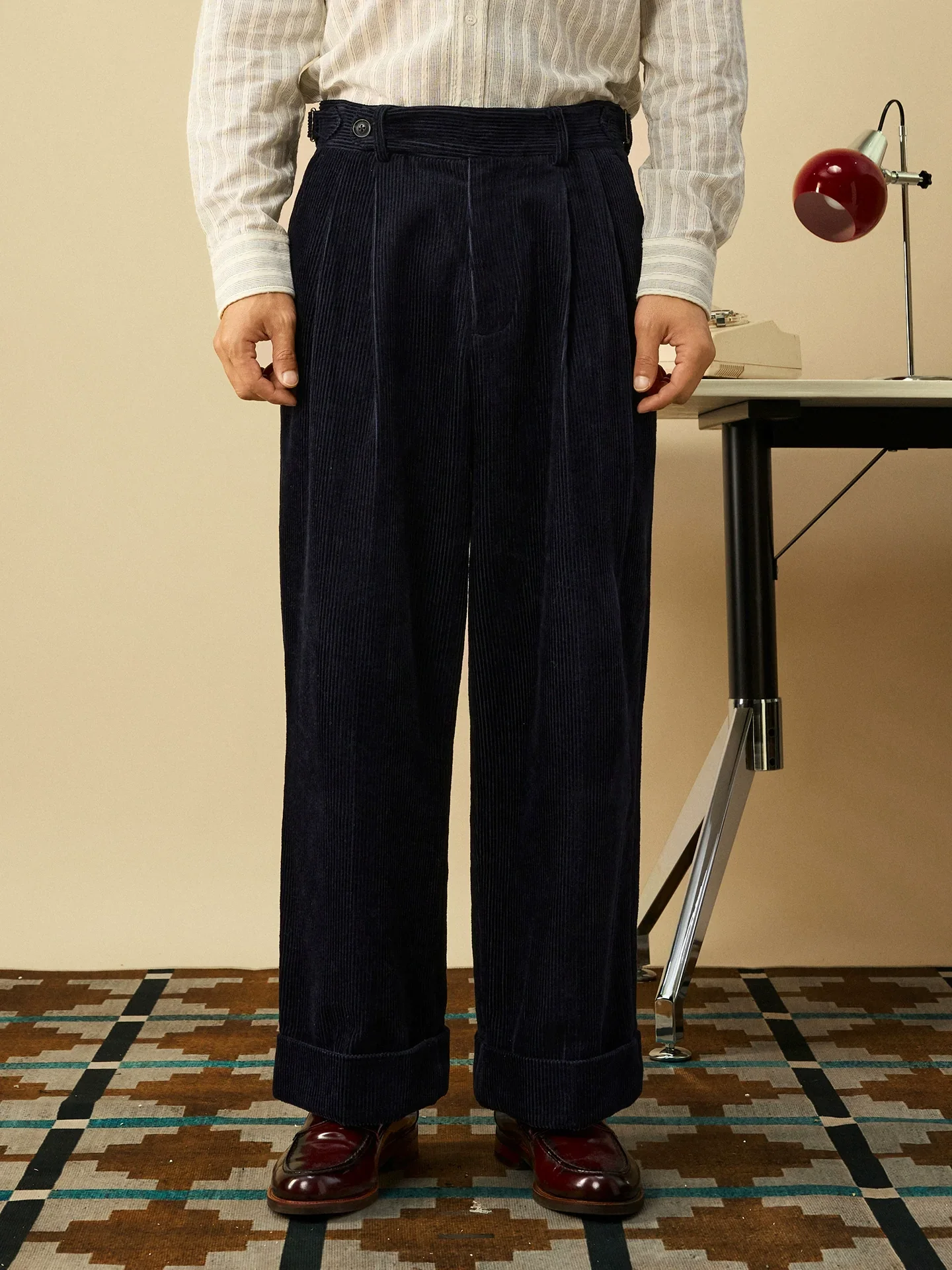 Navy Pleated Wide-Leg Corduroy Trousers - Image 4
