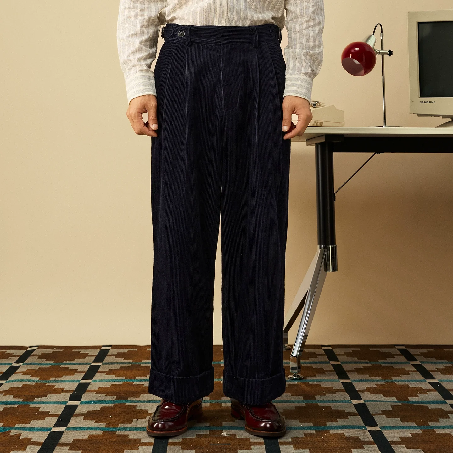 Navy Pleated Wide-Leg Corduroy Trousers - Image 5