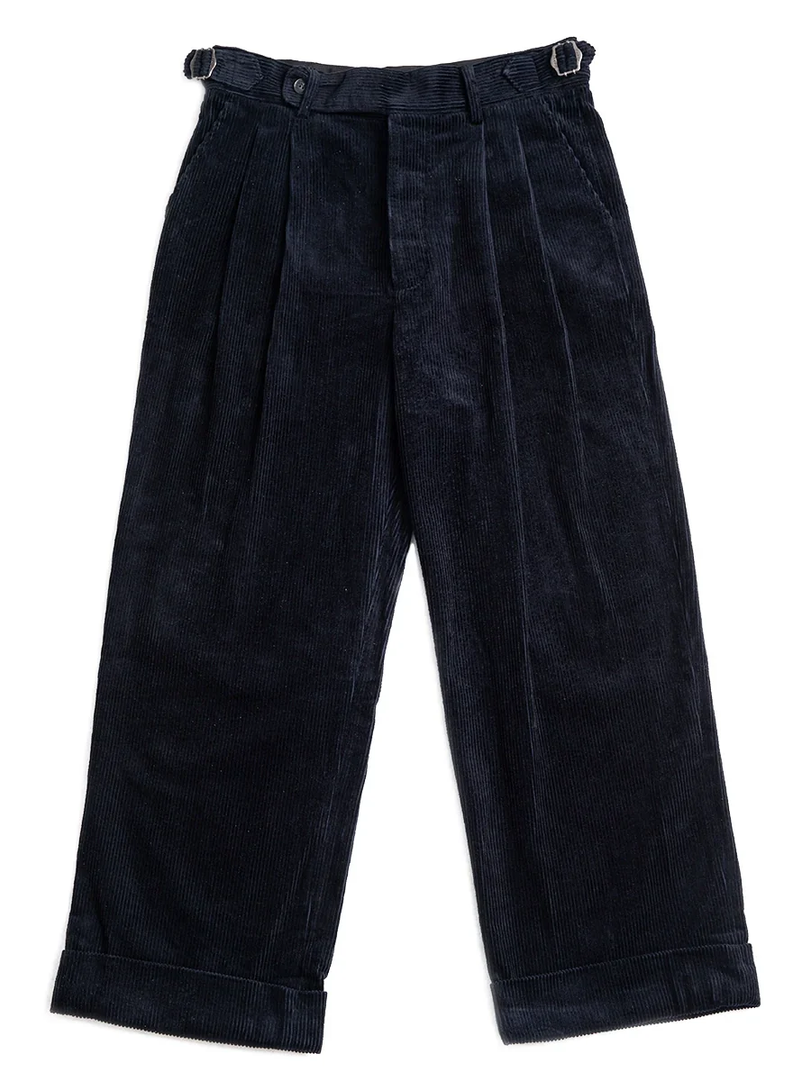 Navy Pleated Wide-Leg Corduroy Trousers - Image 6