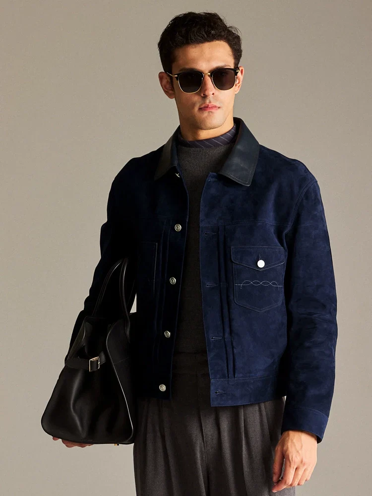Navy Suede Trucker Jacket