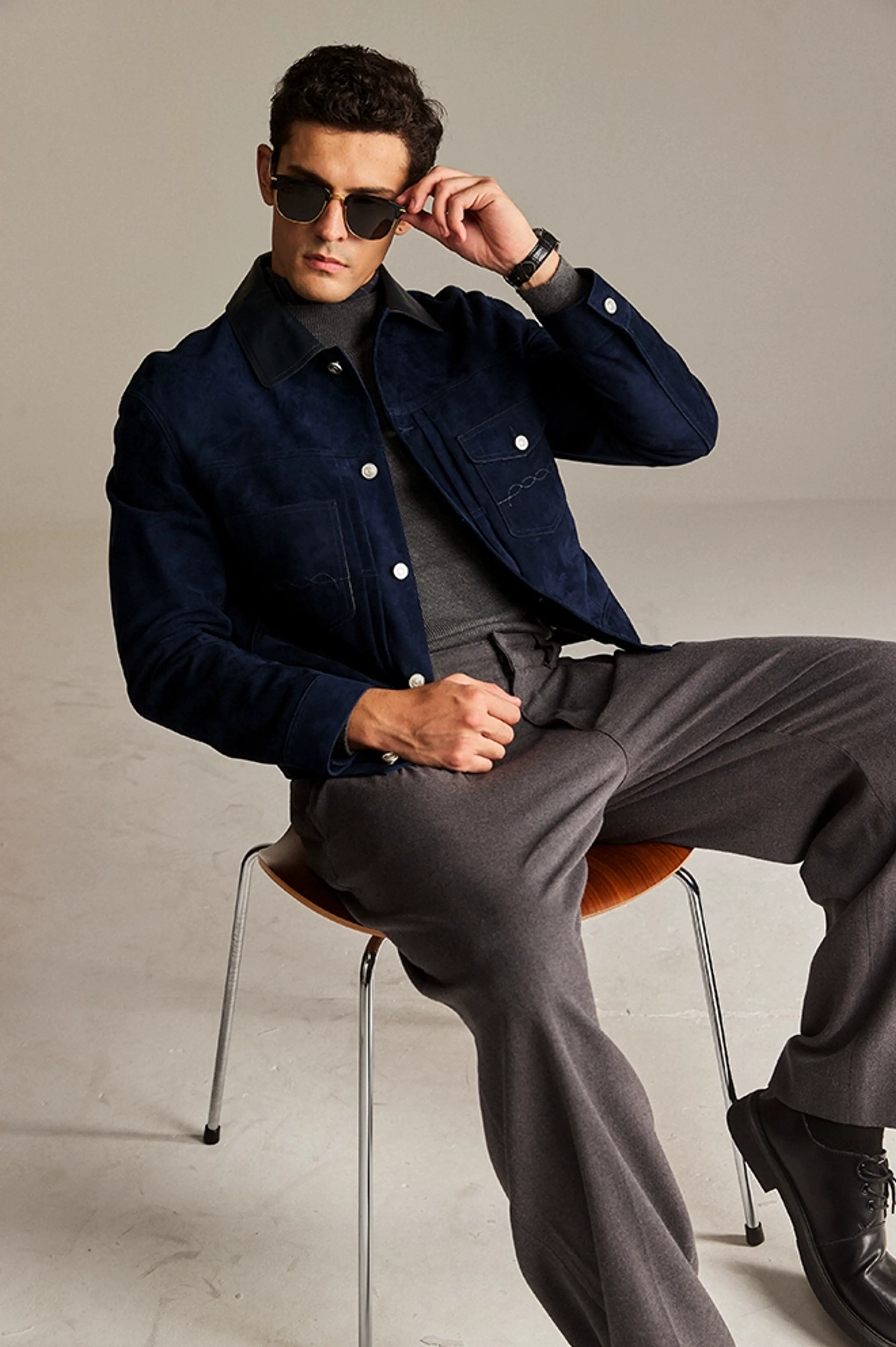 Navy Suede Trucker Jacket - Image 2