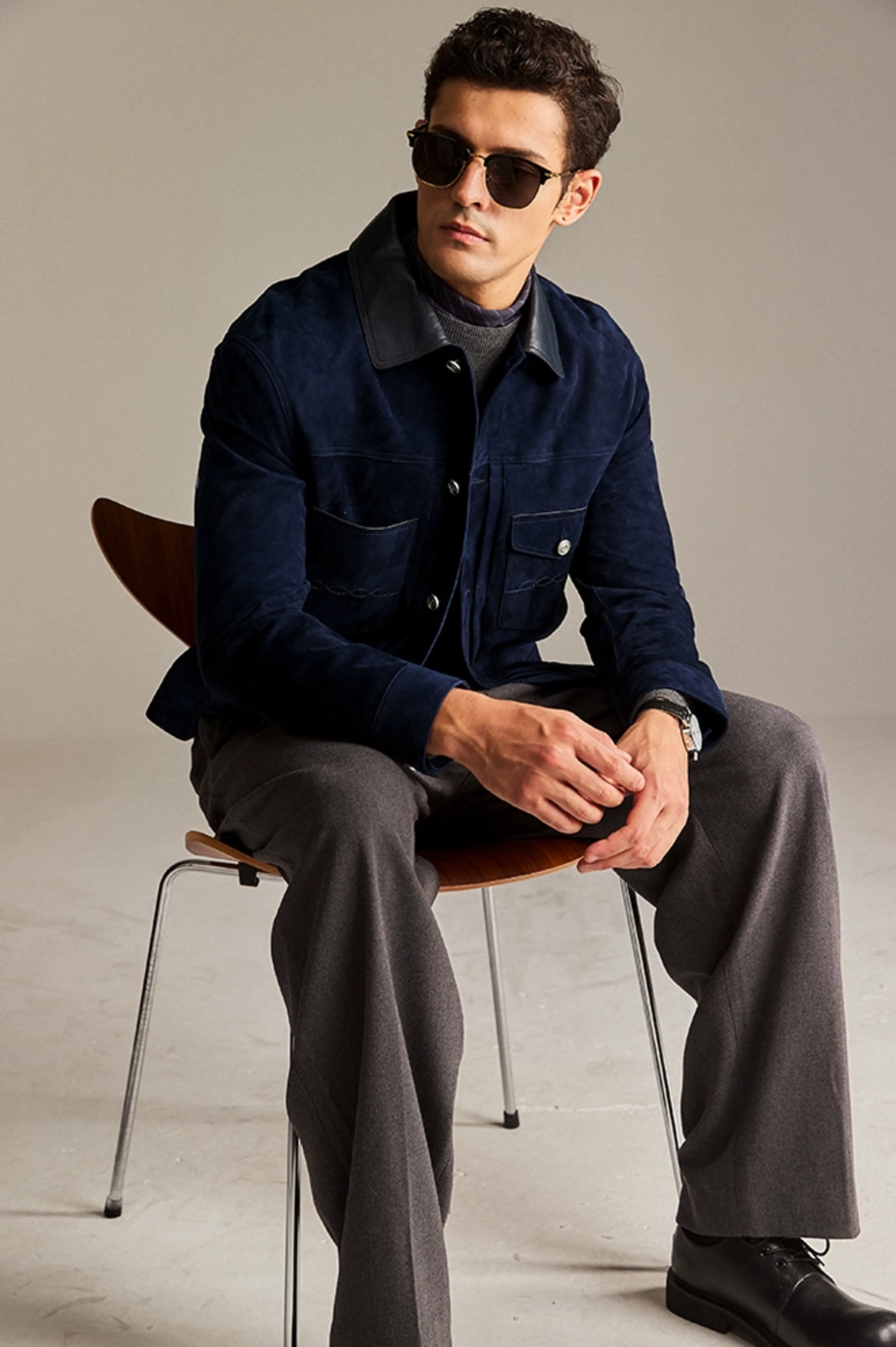 Navy Suede Trucker Jacket - Image 3